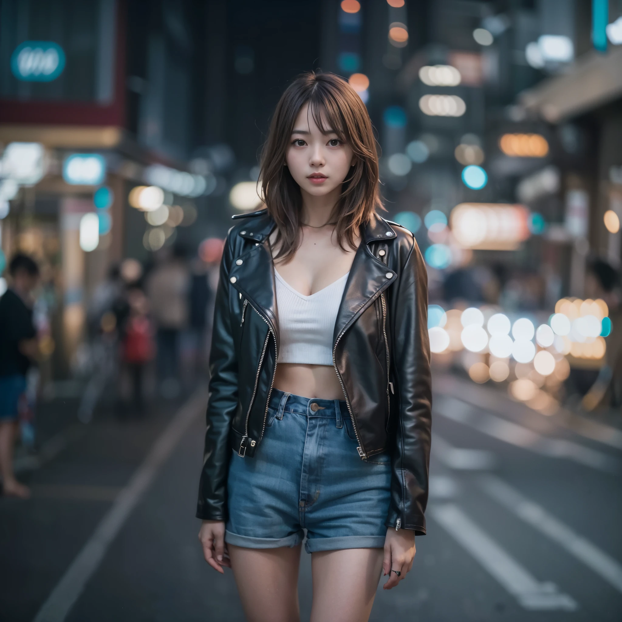 1 girl、It's Tokyo Street、night、city View、Light of the city、Whole BodyEsbian、a smile、、(8k、original photography、top quality、Masterpiece:1.2)、(realistic、real picture:1.37)、delicate eyes、Detailed eyelashes、White tube top with leather jacket、denim hot pants、huge 、Delicate skin, (beautiful hair), (perfect Anatomy), (actual), (dynamic angle), strike a seductive pose,perfect,Sensual look、top quality、high resolution、