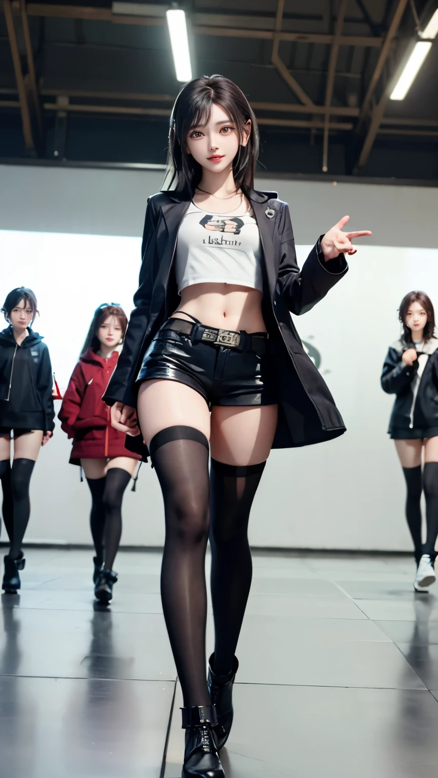 Carrot、Supermodel、perfect shape、Muchimuchi、Three girls are looking at the viewer、 3 girls、、Thighhighs、beautiful feet、hot pants、coat、cyber punk、headphone、gentle smile、Seen by girls from below、Innocent face