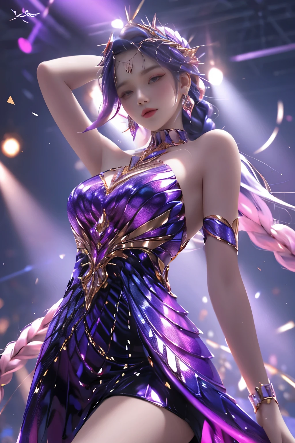 best quality， 1 girl， Keda， solo， Two braided colorful dresses， looking at the audience， upper part of body，Purple light hits the girl
