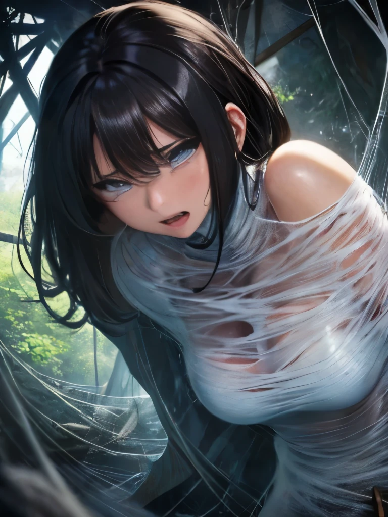 highest quality,slim japanese woman,messy black hair,small breasts,sleeveless kunoichi,open one's mouth to cry and scream,crying face,despair,off shoulder, helpless, caught in the net, spider on background, tentacle, bound, restrained, inside the spider&#39;s web, Net, dirty cocoon, scary face, shy, slave,darkness,dark fantasy