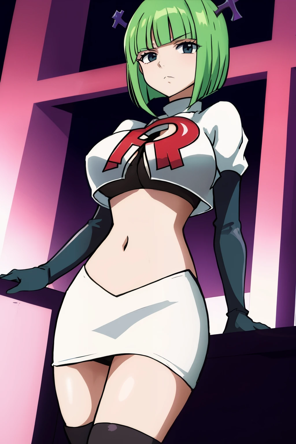 brandish, 1girl, solo, looking at viewer, simple background, cleavage, anime coloring, team rocket,team rocket uniform,white skirt,red letter R,crop top,black thigh-highs,black elbow gloves, 