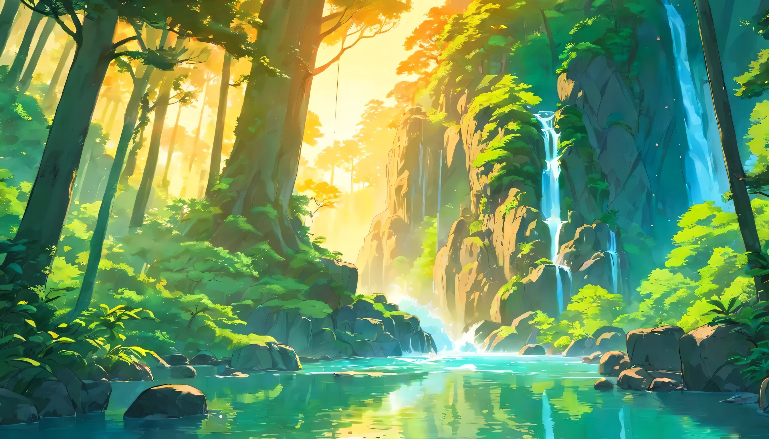 Chinese Landscape Ink Painting low Angle Perspective OC Rendered Sculpture, green forest, one big tree on side, waterfall and river on side, sunset vibes with sun, dream fantasy, 4K