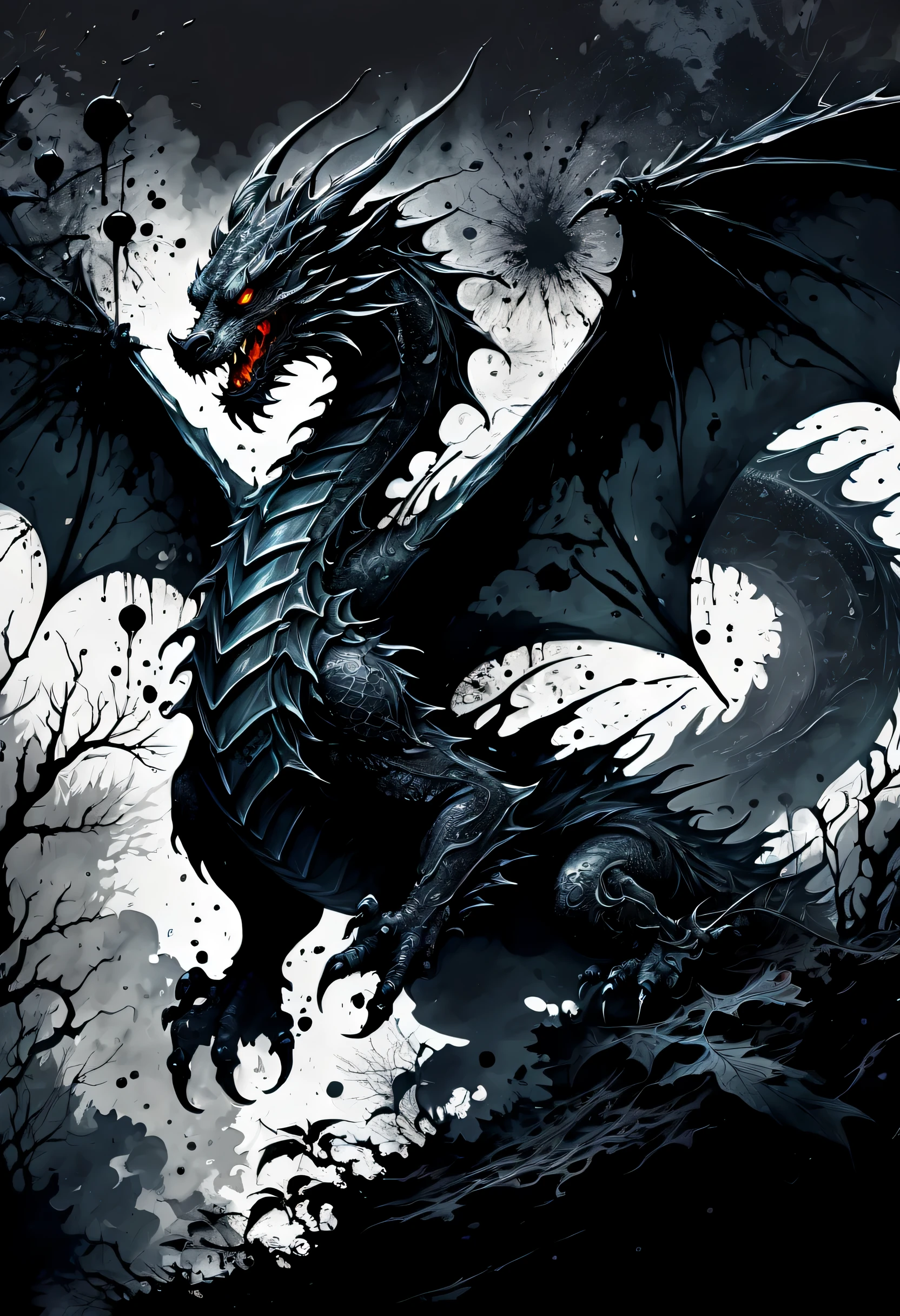 (((dark fantasy ink splatter art:1.3))), dragon, A mesmerizingly beautiful landscape appears, Chaotic black strokes ink splatters, A fantastic forest world expressed in delicate details, Creatures from another world, Insane beauty, Precise brushwork, Every stroke oozes seductive sensations, Great creation, whether it is or not'ink painting or oil painting, Master the amazing details, pure shine, Create an eerie atmosphere with ink splatter paint,