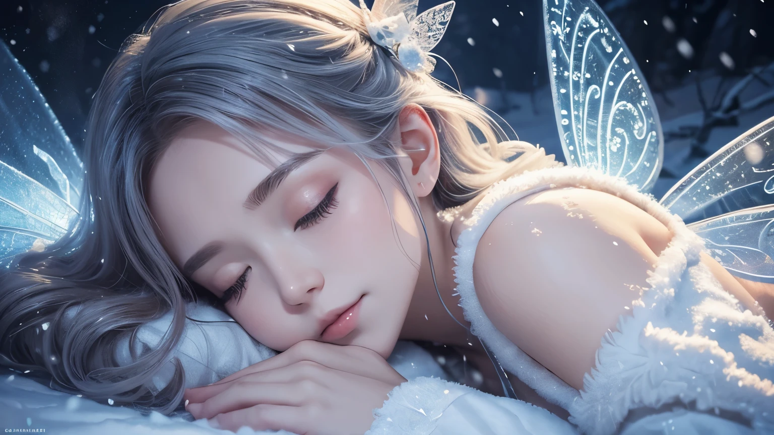 One beautiful fairy with wings、Sleeping、With the fairy in front、Upper body、Close ~ eyes、face close up、Snowy outside、snow scene at night、high resolution、mysterious、high resolution、
