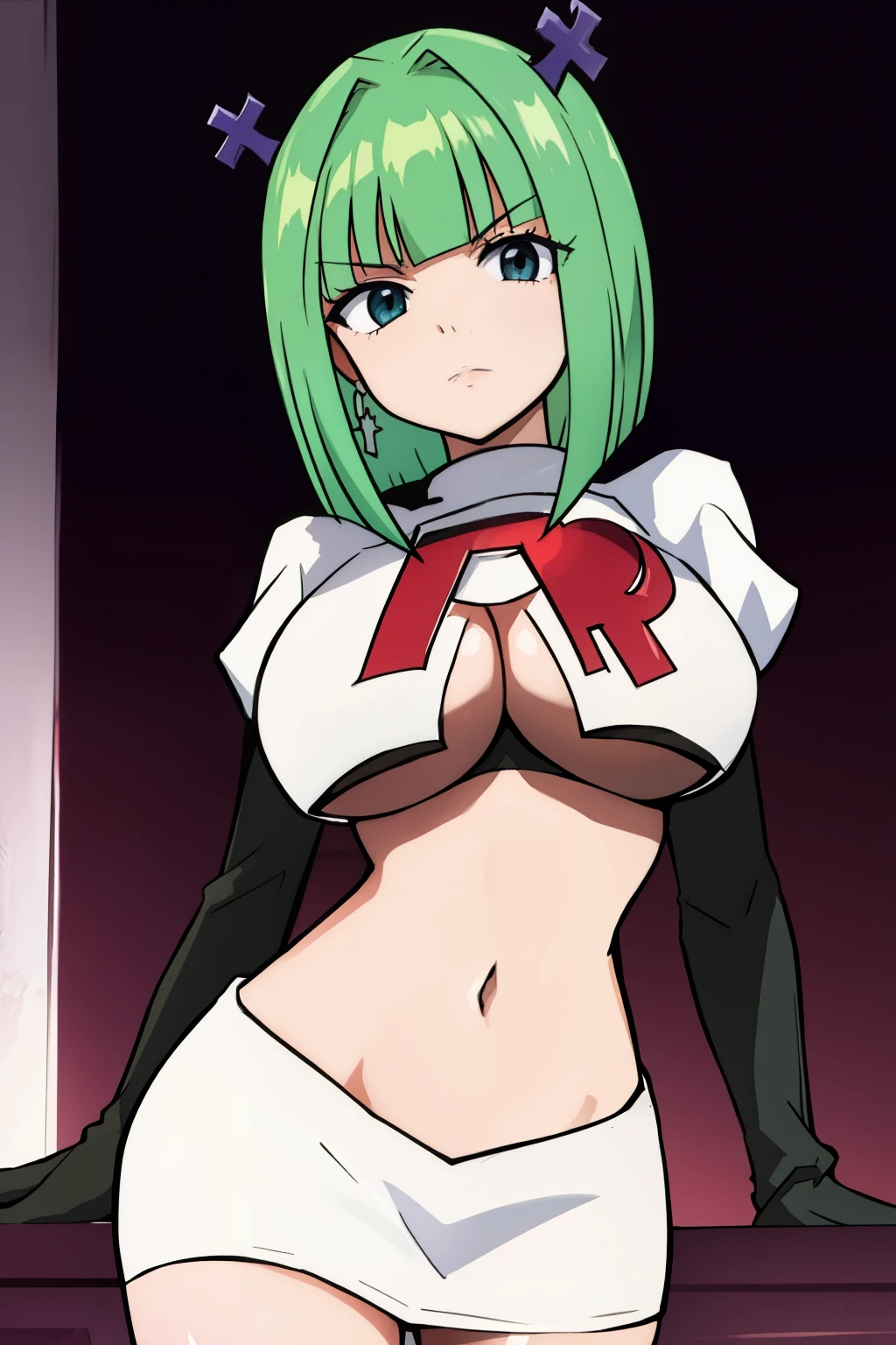 brandish, 1girl, solo, looking at viewer, simple background, cleavage, anime coloring, team rocket,team rocket uniform,white skirt,red letter R,crop top,black thigh-highs,black elbow gloves,