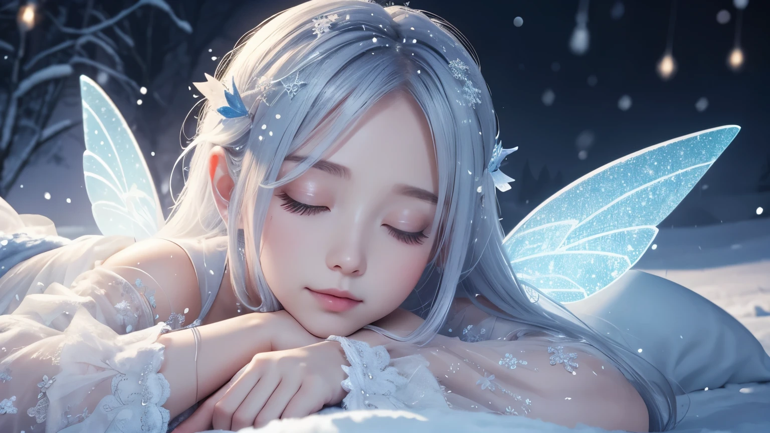 One beautiful fairy with wings、Sleeping、With the fairy in front、Upper body、Close ~ eyes、face close up、Snowy outside、snow scene at night、high resolution、mysterious、high resolution、