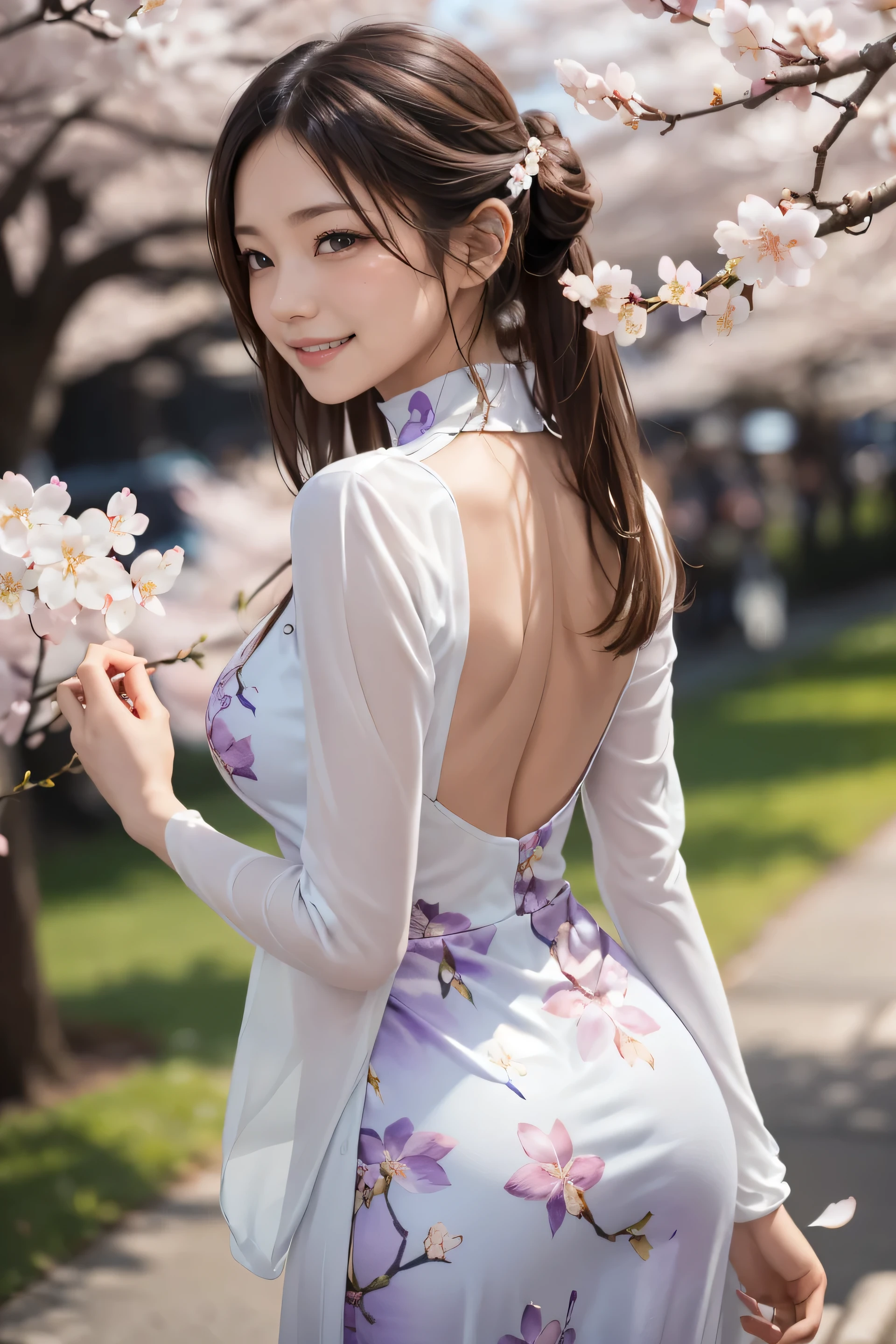 //quality 
(masterpiece:1.3, realistic, photo-realistic:1.37, RAW photo), High resolution, super detailed, Highly detailed CG Unity 8k wallpaper, beautiful and detailed face, fine cloth texture, detailed hair texture, perfect proportions, beautiful face, Accurate, anatomically correct, Highly detailed face and skin texture, natural neck length, (beautiful hands, beautiful fingers, beautiful nails), (7 perfect body shape), (gorgeous flower hair accessories), 
break
//exterior 
(((1 girl:1.3, alone:1.3, 26 years old:1.3))), ((neat:1.5)), (blush, smile shyly:1.3), 
fine eyes, symmetrical eyes, light brown eyes, double eyelid, thin eyebrows, (glossy lips:1.4), (Fair skin:1.3), thin legs, thin legs, white skin, realistic skin, 
(big breasts:1.3), (cleavage, firm chest, well-shaped chest, slender body shape:1.2), 
((half up hairstyle:1.3)), ((dark brown hair, straight hair, medium long hair):1.2), 
break 
(Japanese style dress((White Theme:1.2), purple thin line design, (purple floral print), (long dress), (collar), Dress inspired by Japanese style, heart, high neck, (see-through sleeve), flare sleeves, long sleeve, stiletto heels):1.3), 
break
//Pause   
((ファッションモデルのPauseで歩く)), ((upper body shot:1.2)), ((Rear view, from below):1.2), 
//place 
(Under the cherry blossom tree in full bloom), ((Beautiful illuminated cherry blossom trees late at night:1.5)), 
//effect 
(calm color background:1.2), ((Depth of the bounds written:1.3)), (chiaroscuro, cinematic lighting:1.2), (Bokeh:1.2), (Light and shadow:1.3), 
break 
((Her lovely smile as she walks along the beautiful cherry blossom trees.、Take memorable photos of the beautiful cherry blossoms illuminated at night。:1.3)),