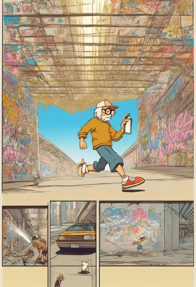 (Hayao miyazaki comic strip:1.4), of an Electricboogaloo style young delinquent wearing a baseball cap, shorts, t-shirt, sneakers and heavy gold chains, spraying graffiti on the walls of an underpass, busted by the police he drops his spray can and makes a run to escape, ((comic_panel_layout:1.3, in the style of a comic book story, split panel layout))