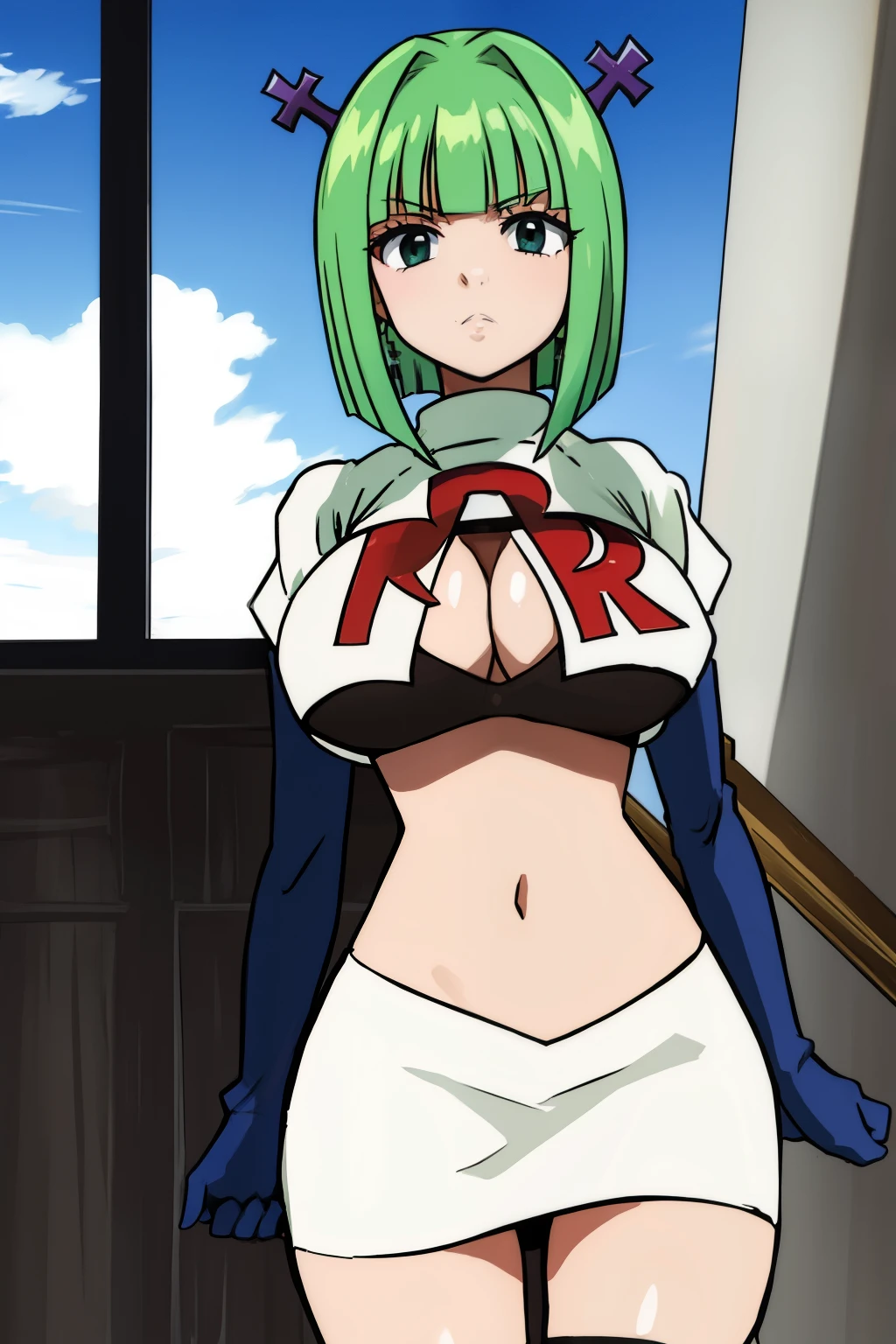 brandish, 1girl, solo, looking at viewer, simple background, , anime coloring, team rocket,team rocket uniform,white skirt,red letter R,crop top,black thigh-highs,black elbow gloves,