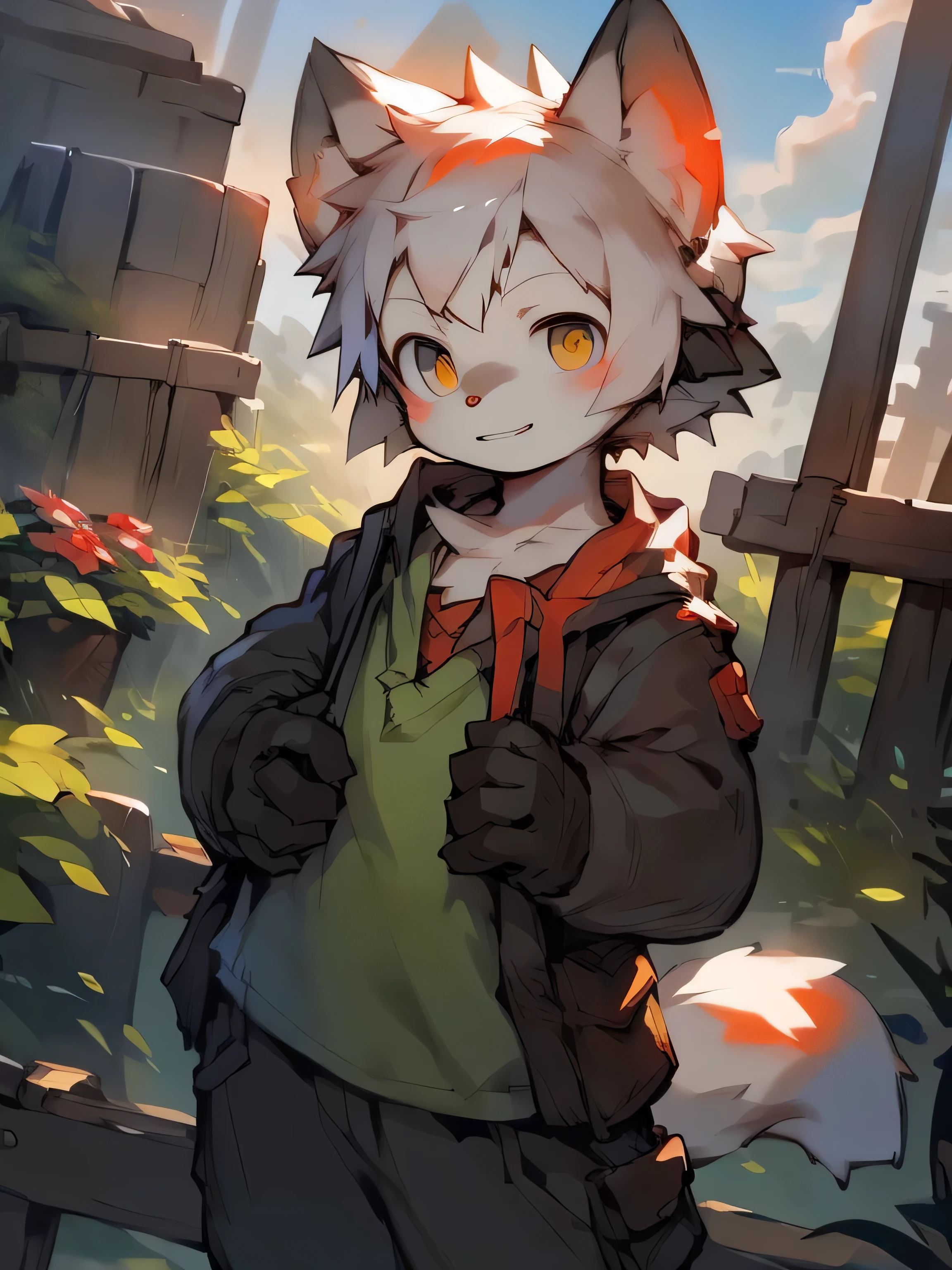 masterpiece, best quality, perfect anatomy, Bright Eyes, big watery eyes, (By Puyinji,by artist:1.2),(through imaginary land,via black spring,By Ruhu1145,by Moki,by emolga 1,through egg bag:1.2),(by Xia Dongnia:0.8),(by Pino Deheni:0.8),(stay through logs:0.8),(by chuni:0.8). hairy, Wolf, (trigger:0.3), muscular man, alone, clothed, loose clothes, Gloves, Take the vegetables, vegetable garden, fence,Sunlight
