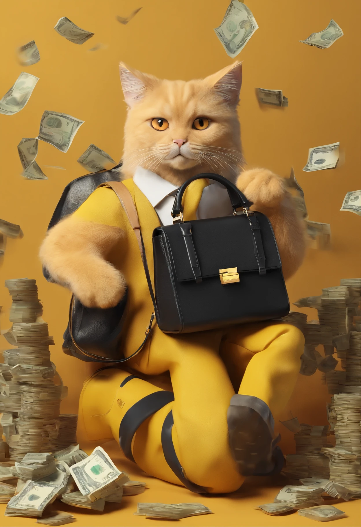 Create a yellow eye、fluffy black cat, a ferocious cat, Holding black travel bag full of money.