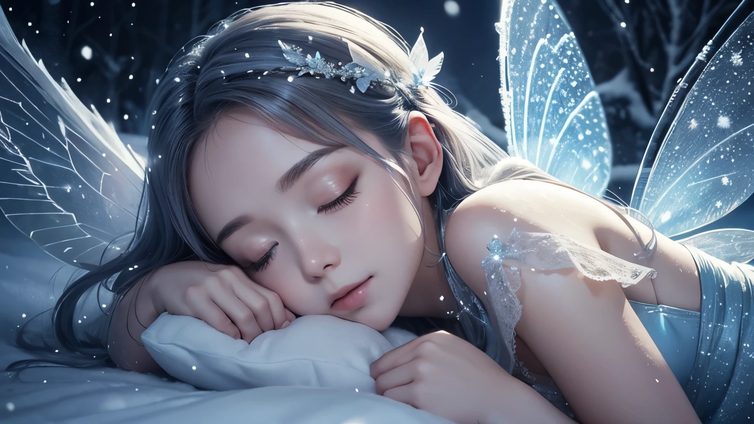 One beautiful fairy with wings、Sleeping、With the fairy in front、Upper body、face close up、Snowy outside、snow scene at night、high resolution、mysterious、high resolution、