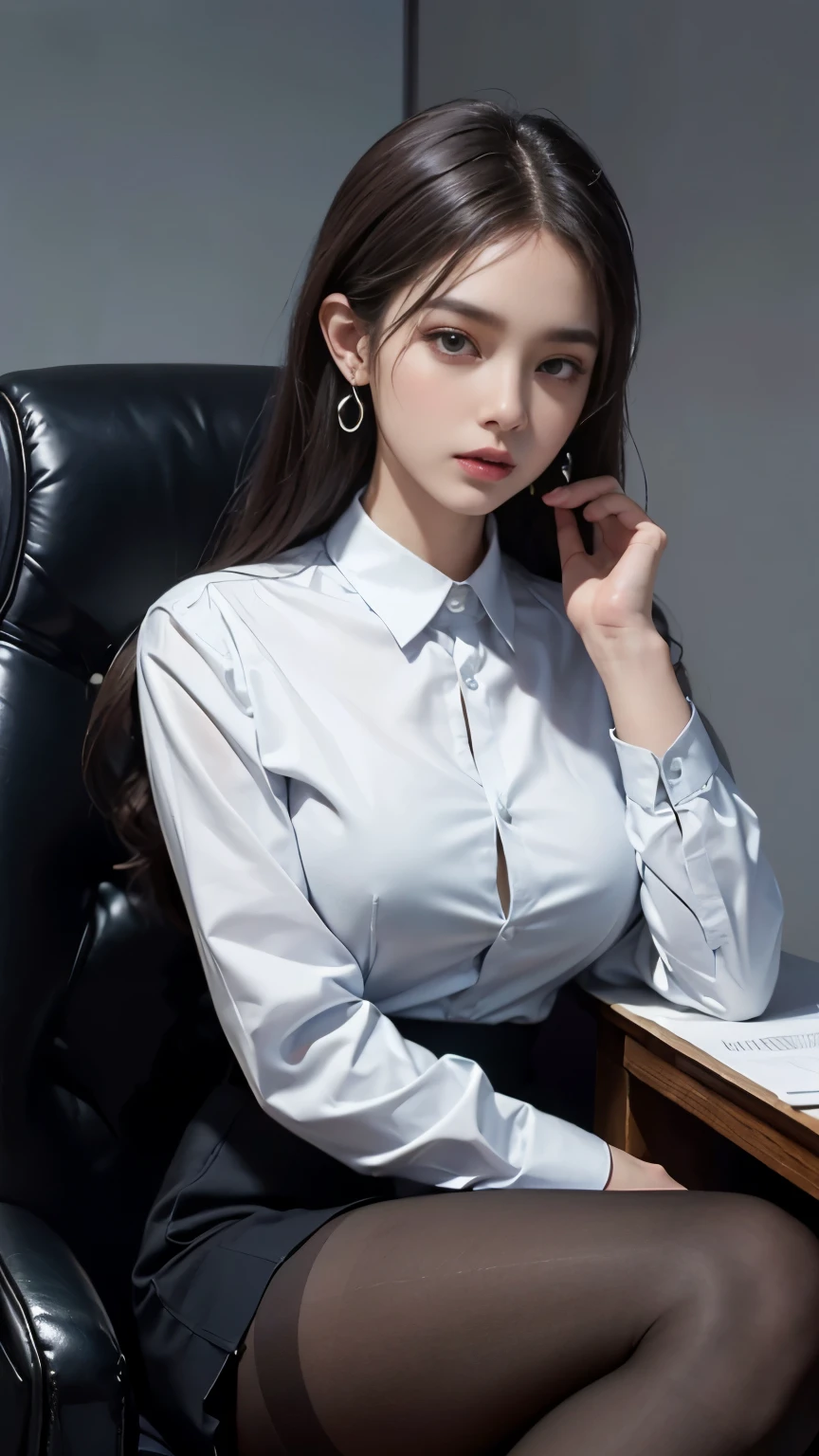 (Masterpiece), ((Best quality)), (Masterpiece,Best quality,offcial art,Extremely detailed Cg Unity 8K wallpaper), (the most Noble and beautiful), (Highly educated woman),Beauty photo, A lady,solo,(Elegant upper-class super elite secretary in a business shirt),Perfect look,Double eyelid eyes,Delicate makeup, working in an office,wearing a strict business suit, (Wear pantyhose),Wear high-end heels,Girl in shirt, dressed in a suit, huge tit,full bodyesbian,dressed in a suit, dressed in a suit, merchant, Business clothes, wearing black suits, Wear a shirt and skirt, Woman in a suit, Business attire,Computer chair,Seated,Erlang legs,high-heels,view the viewer,brightly,Complicated details,foot focus,from below,cool beauty,(tall girl),Dark brown hair, Small piercings,Precisely expresses details such as face and skin texture,(the most beautiful face and eye), double eyelid,delicate skin,slender body shape,alone,big breasts,(Wearing the most beautiful and noble small earrings),