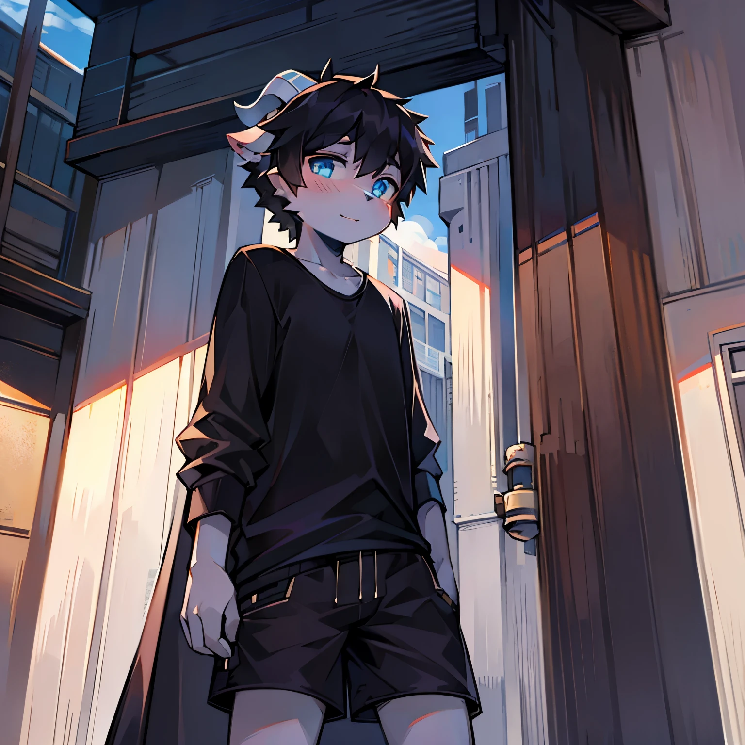 Bright outside,Goat Boy,White goat horns,male focus,furry men,furry,Furry Shota,One meter six height,black hair,black skin,Bright Eyes,blue pupils,long sleeve coat,t-shirt,shorts