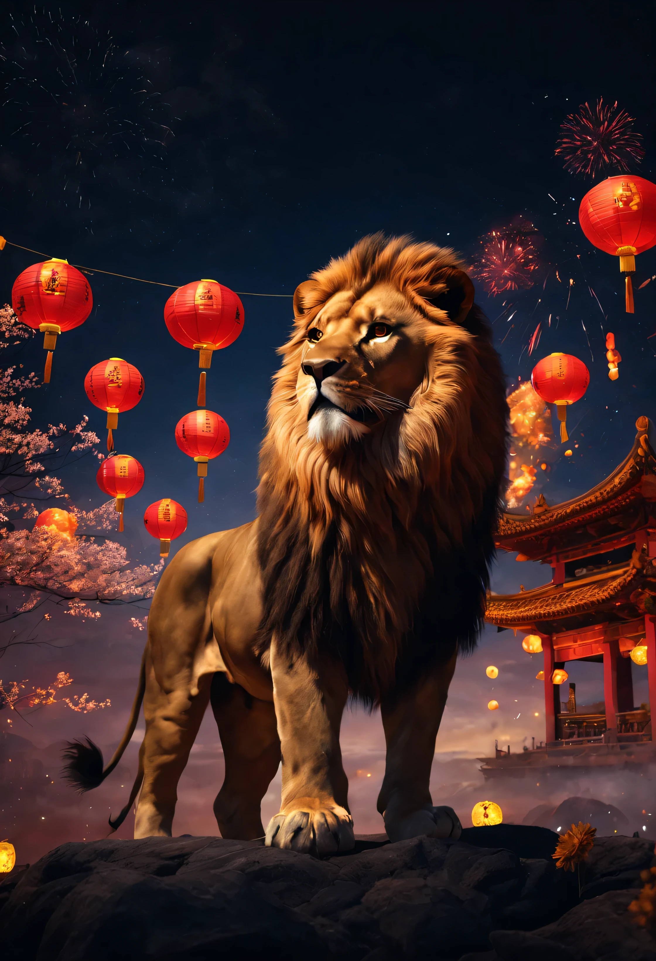 lion,glow effect,night,The mid-range scene is,full body portrait,There are Kongming lanterns in the night sky,fireworks, Highly detailed and ultra-realistic visuals,OC rendering,Use 70mm-AR