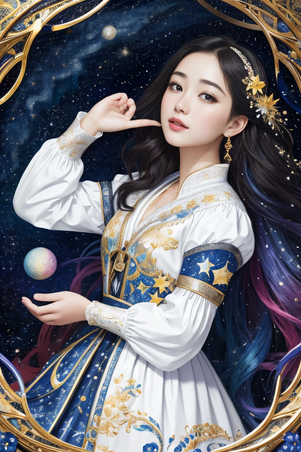 high quality, 8K Ultra HD, vivid colors, seamless patterns, fabric art, art station, starry night, many colorful and detailed designs combining magic and fantasy, Girl, splashes, aesthetic, white tone, photorealistic, ultra realistic, by yukisakura, impressive in full color.