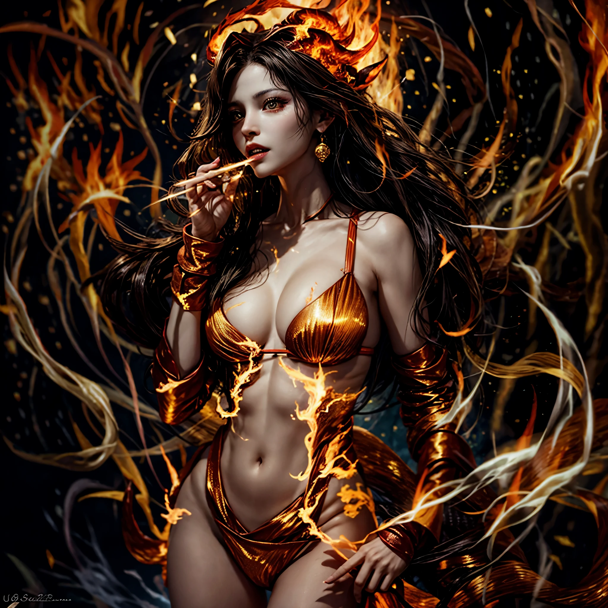 (NSFW:-1, Exposed:0.75), (((nipple:-1, horns:-1, extra ears:-1))), (bokeH, Acutance:0.85, Ultra-detailed:1.35), (Masterpiece, best quality, highres, realistic:1.37), (sexy Ifrit clad in flames with aura:1.28), (all outfits made of flameany colorful lights and sparks in blurred background:1.2), detailed gaze, seductive lips, alluring pose, mesmerizing atmosphere . BREAK  (Luminous Particles:1.15), full of fire covering and surrounding whole Body, filled with flames, ruins, fiery Sky, a cigarette hold in mouth .