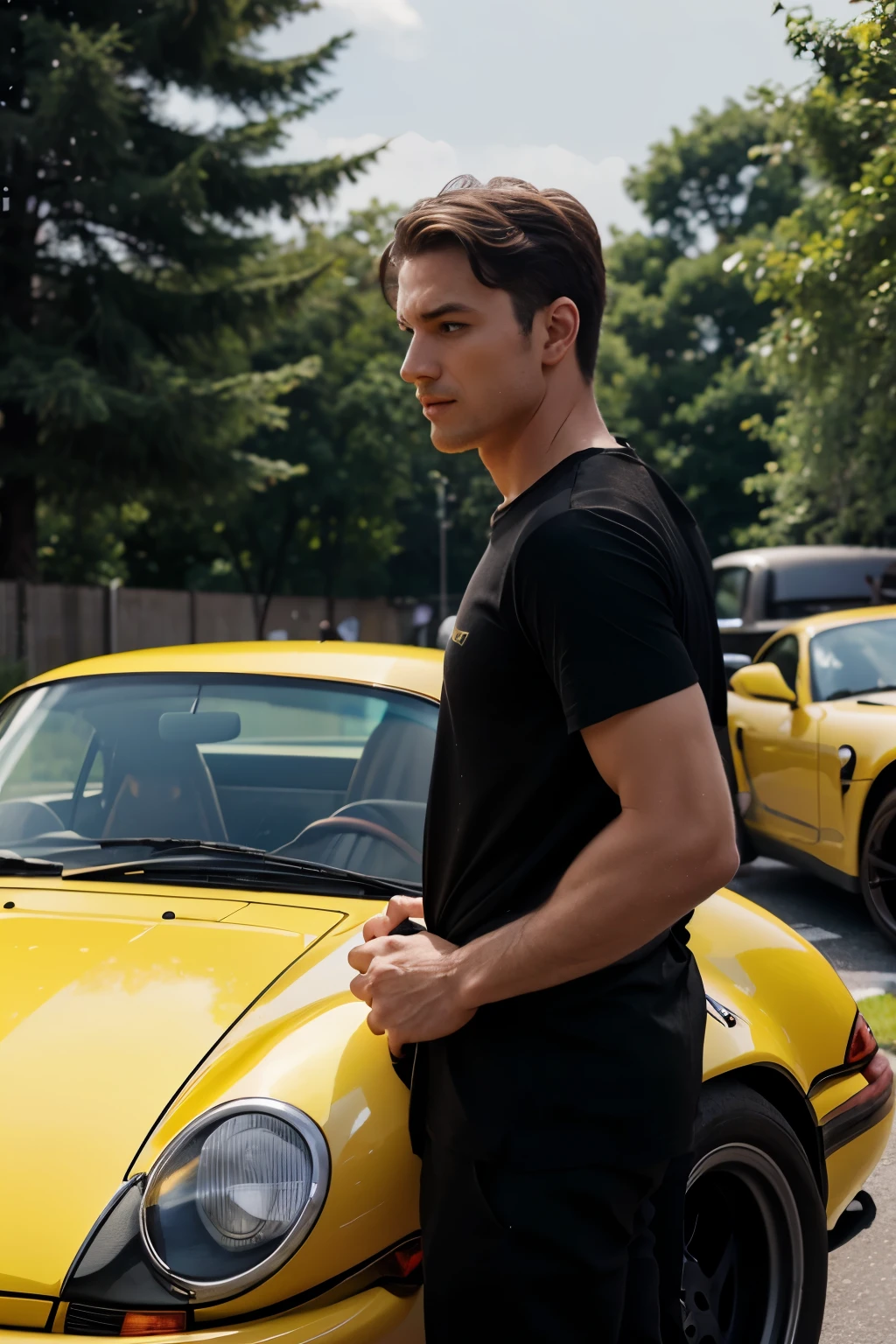back side of a man wearing a black plain t-shirt beside yellow porsche 964