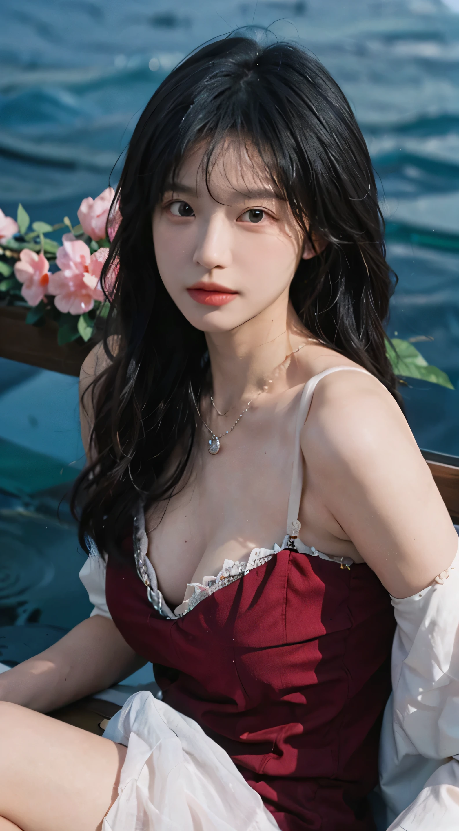 best quality，masterpiece，ultra high resolution，（realistically：1.4），1 girl，Large wavy curls，double eyelids，A pair of peach blossom eyes，necklace，Raised sexy，Fair and translucent skin，looking directly at the viewer，on the yacht，full of atmosphere，Cleavage is very attractive，，（red dress：1.8），（upper part of body：1.4），