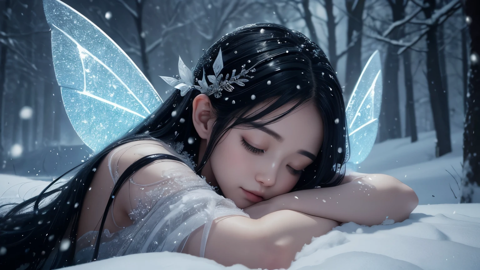One beautiful fairy with wings、Sleeping、With the fairy in front、Upper body、black hair、face close up、Snowy outside、snow scene at night、high resolution、mysterious、high resolution、