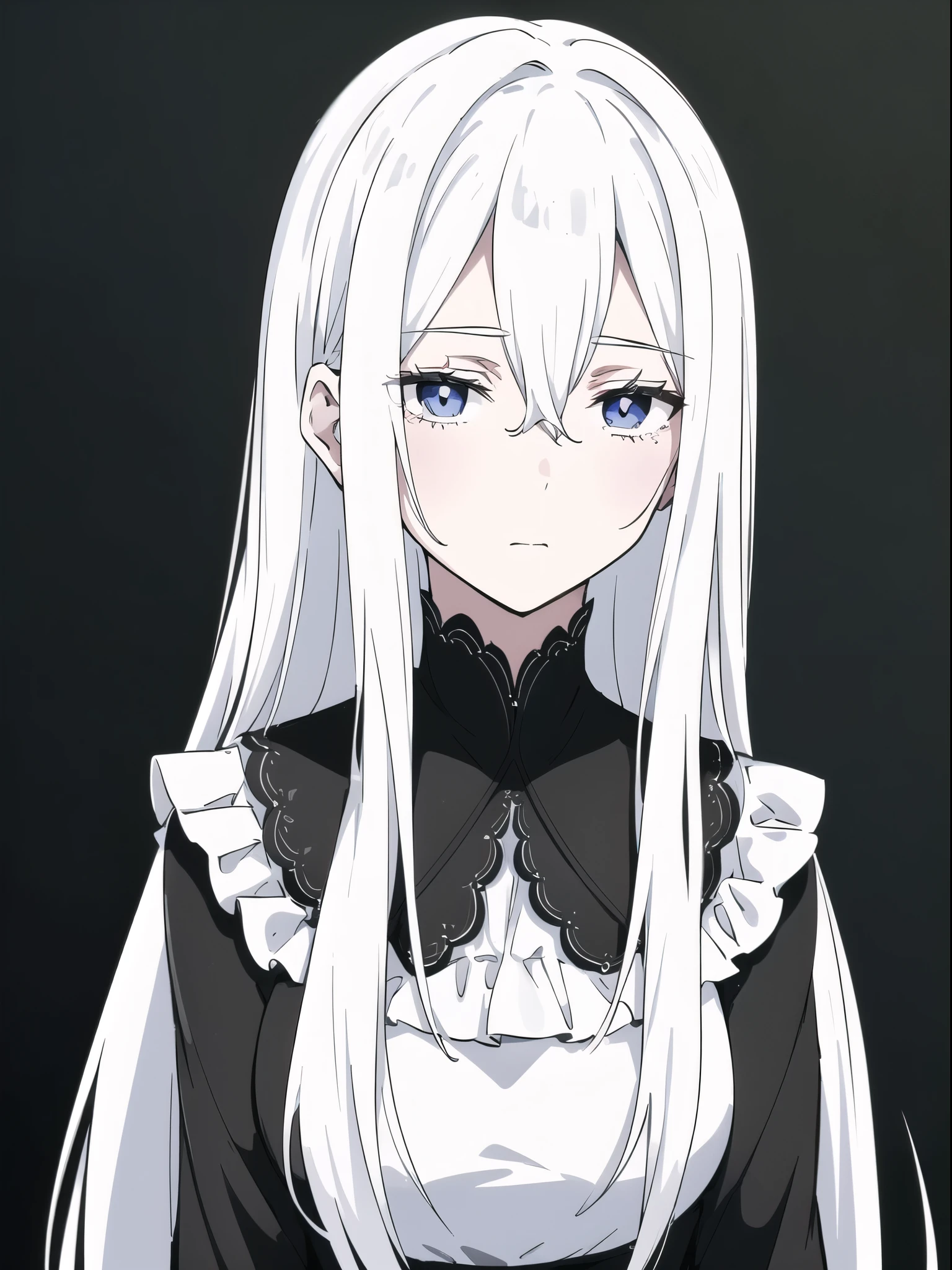 ((White hair)),((Head and Shoulders Image)),Sexy,A person,Alone,Simple style,pancake ,Simple details,Black background,Empty background,Black background wall,(20 year old woman),(Droopy hair),(White Gloves),(Evening Gown),(Lace Shirt),Lace,(confidence)