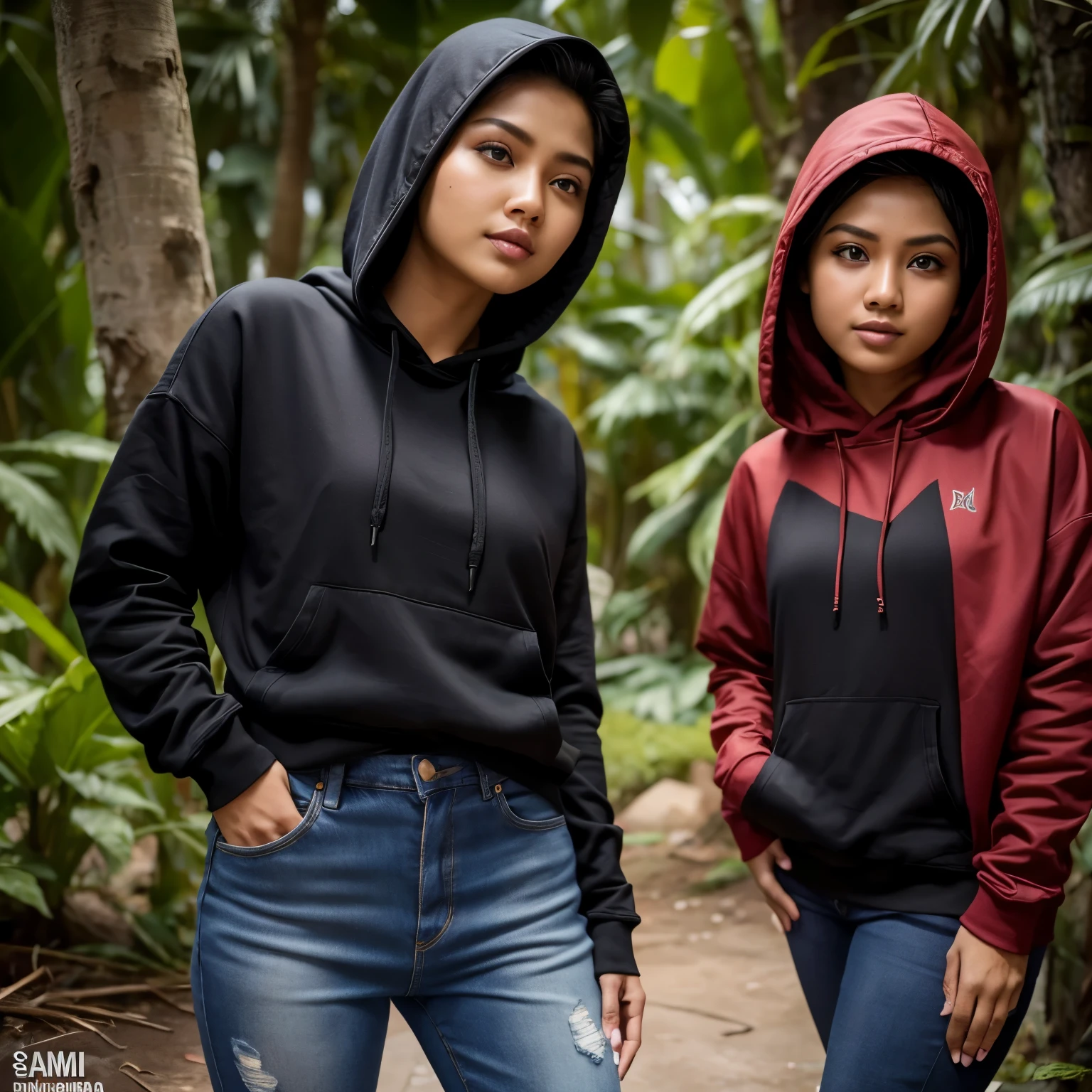 Foto seorang laki-laki indonesia muda wajah bersih klimis natural rambut hitam buzz cut memakai hoodie merah marun jeans hitam kets putih, senyum, full body berdiri background taman kualitas tinggi, sangat tajam, sangat jernih, very realistis,