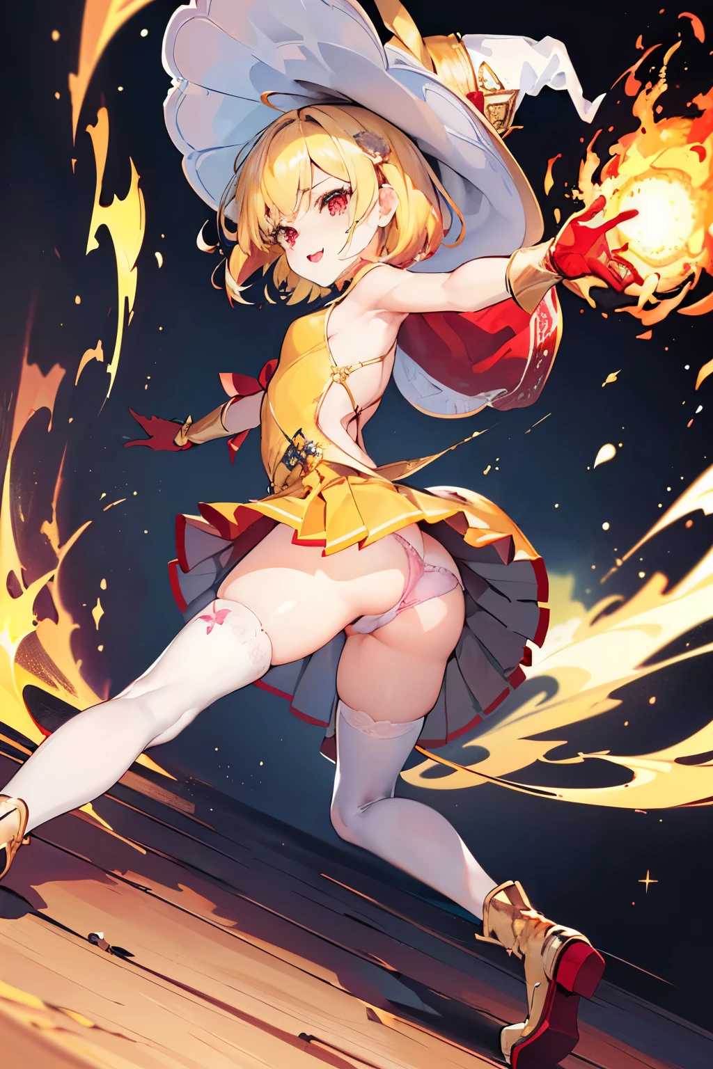 (((1girl))), ((best quality)), ((masterpiece)), ((ultra-detailed)), (illustration), (detailed light), (an extremely delicate and beautiful), (beautiful detailed eyes), (sunlight), ((extremely light)), ((extremely clothes)), (((hyper detail))),(((((front lighting))))),(((((front light))))),
((((quite adorable magical dress with brief pleated skirt magical hat)))),
, (((Wizard))),
wavy short manish bob, ((((yellow gold hair)))), (((short hair))),
(((ruby red eyes))),
((((whole body)))), aged 5 to 8, ((((())))), (((((very adorable young girl))))),
(((condescending expression))), (mischievous smile with sexual satisfaction), (((extra adorable))), (((extra slender shape))),
(((extremely beautiful detailed face))),
((elegant magic gloves)),
((elegant magic boots)),
(((bravely and dynamically attacking enemies with a Magic of Fire Storms))), ((Dutch angle)), (((magical panties))), ((((rear view)))),
(((()))),
(((extremely thin thighagical stockings)))
