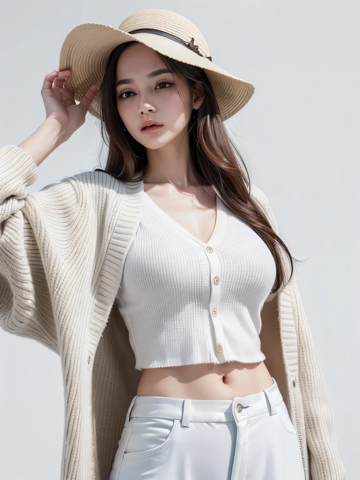 (8k, highest quality, High resolution, RAW photo, masterpiece :1.3), beautiful adult woman, long face, ((pure white background)), (cardigan, oversized white shirt, wide pants, have), ((Accurately express details such as faces and skin textures)), wavy bob hair, take a pose