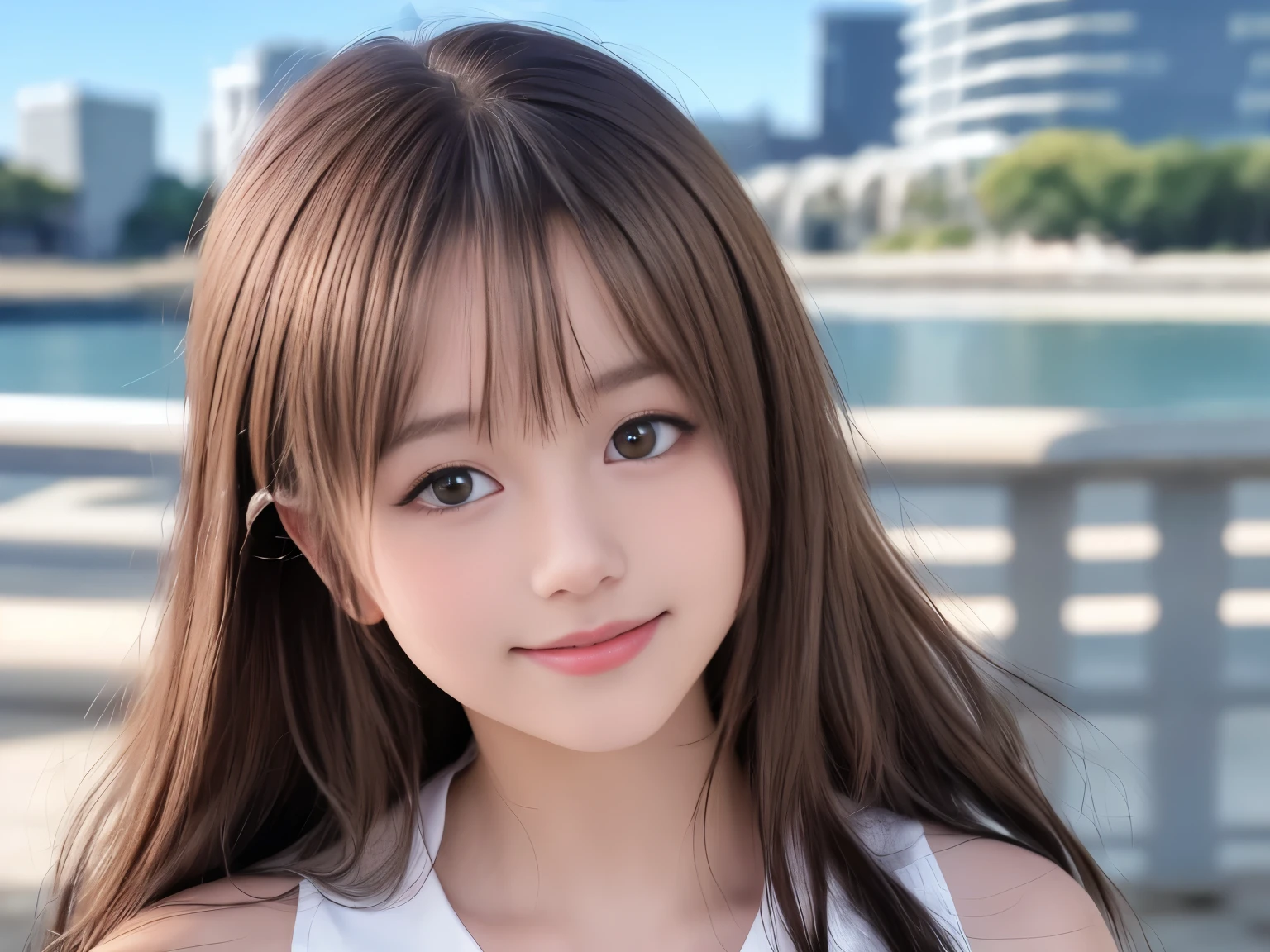 (8k raw photo, highest quality, masterpiece, 8K-UHD), (realistic, photorealistic: 1.35), (anatomically accurate and realistic skin), ultra high resolution, Depth of the bounds written, movie lighting, film grain, very cute 16 year old girl, chip, brown eyes, cute face,A face that looks young,smile, very fine eyes and hair, Skin with beautiful details, Smile, brown hair, thick bangs, shiny hair, curly, , cityscape,