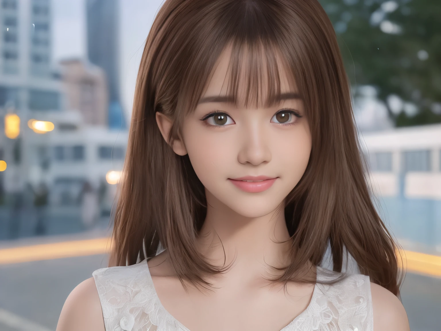 (8k raw photo, highest quality, masterpiece, 8K-UHD), (realistic, photorealistic: 1.35), (anatomically accurate and realistic skin), ultra high resolution, Depth of the bounds written, movie lighting, film grain, very cute 16 year old girl, chip, brown eyes, cute face,A face that looks young,smile, very fine eyes and hair, Skin with beautiful details, Smile, brown hair, thick bangs, shiny hair, curly, , cityscape,