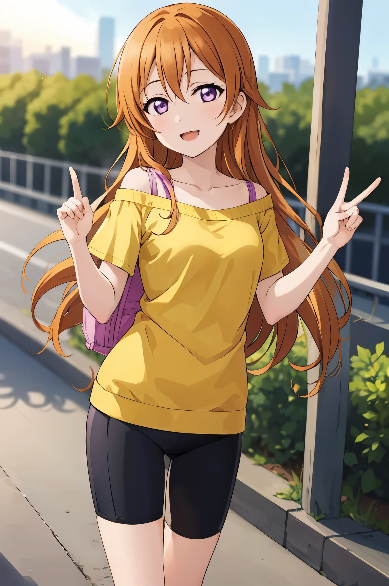 (best quality, masterpiece:1.2), (1girl, solo:1.2), cute, smile, detailed background, (looking at viewer, solo focus:1.2), light on face, sky, blue sky, cowboy shot, sunlight, lens flare, depth of field, scenery, open mouth,
Kanata konoe, long hair, purple eyes, blonde hair, straight hair, off shoulder, light purple shirt, t-shirt short, short sleeves, bike shorts, black bike shorts, standing, two peace sign, solo focus,
