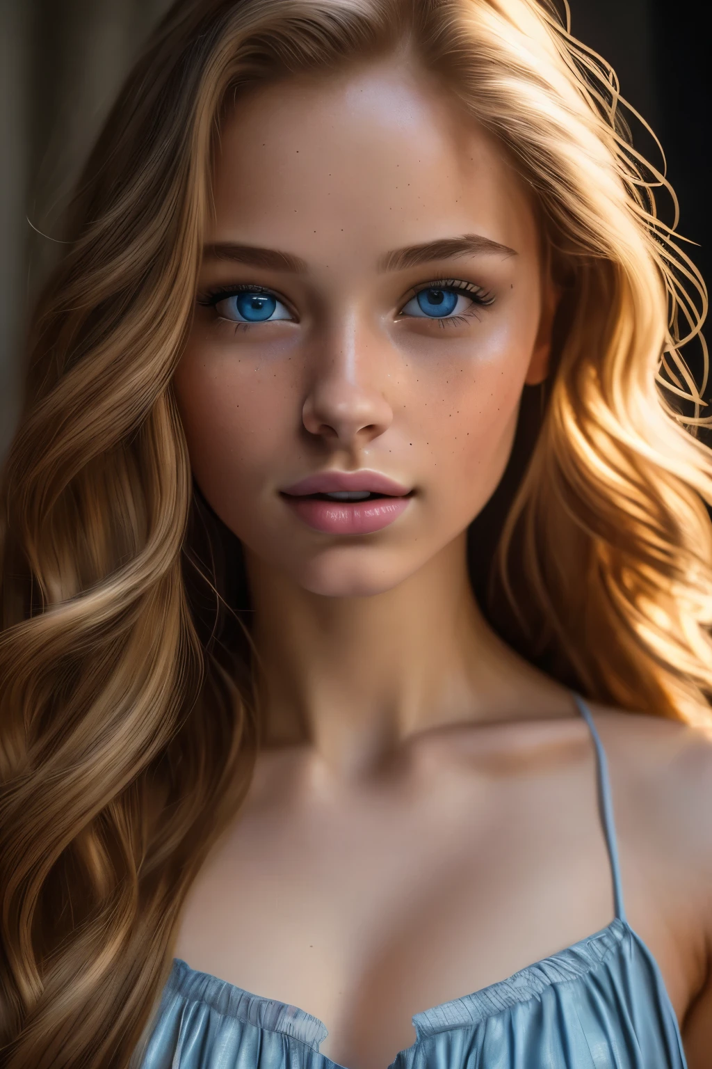 8k, best quality, masterpiece, ultra high resolution, (realism: 1.4), original photo, (Realistic skin texture: 1.3), (film grain: 1.3), (Selfie angle), 1 girl, 3 size of breast,in dress,23 years old blue eyes and beautiful facial details, masterpiece, best quality, close up, ,blonde ,plump lips,pale skin,russian,portait,smiled