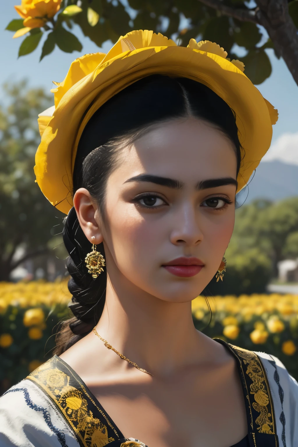 Mexican painter Magdalena Carmen Frida Kahlo y Calderón (HYPERrealistic), BEAUTY. FRONTAL CLOSE UP VIEW. beautiful lighting, best quality, realistic, real picture, highly-detailed, Fujifilm XT3, outdoors, bright day, Beautiful lighting, RAW photo, 8k uhd. LOOKING FRONT INTO THE CAMERA. yellow

