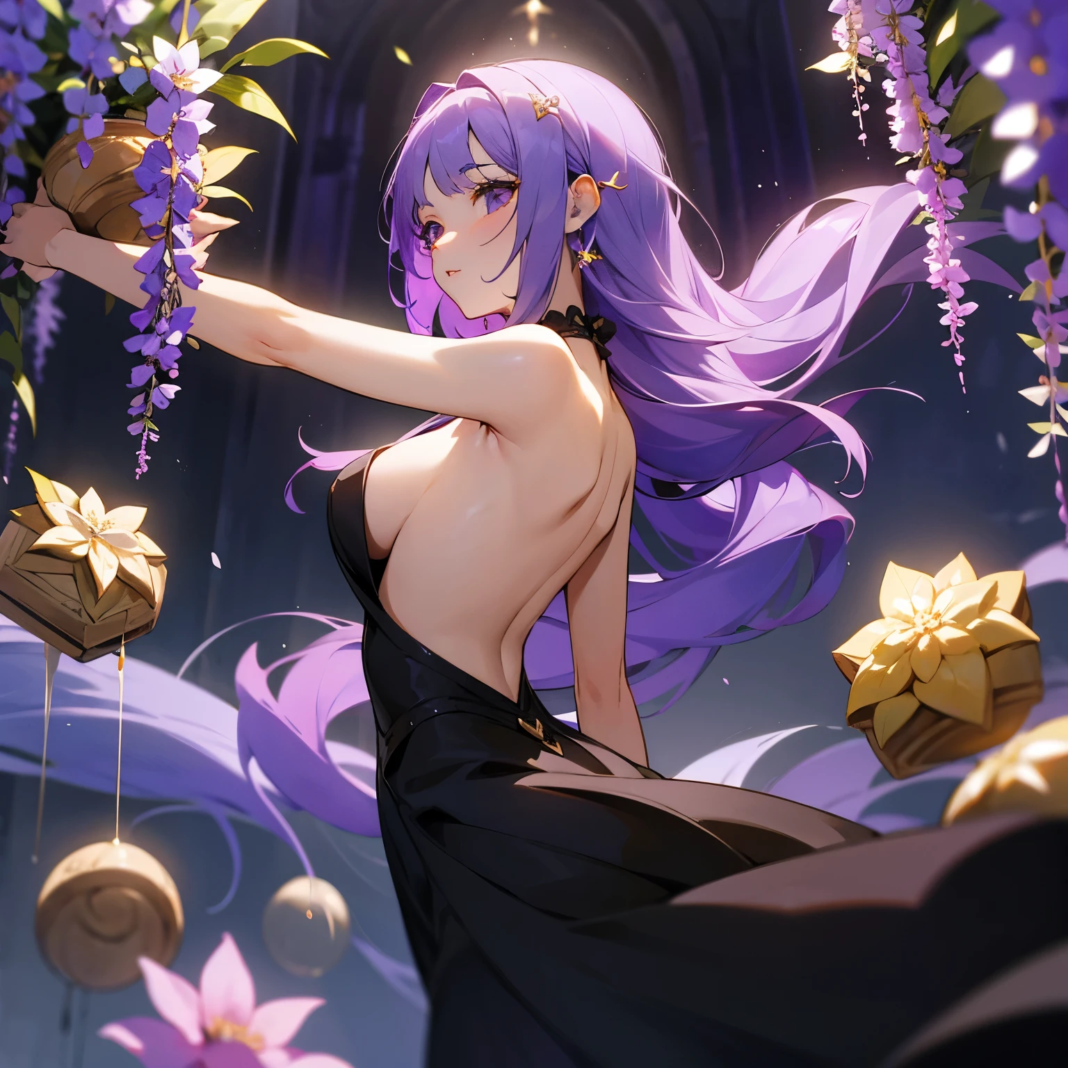 1 garota, obra de arte, velho, flor, seios grandes, umbigo, light roxo hair, roxo_olhos, wisteria, parted lips, flors, jardim, {topless}, pastries, olhando_no_visualizador, floresta, arms_no_lados, arms_back_head