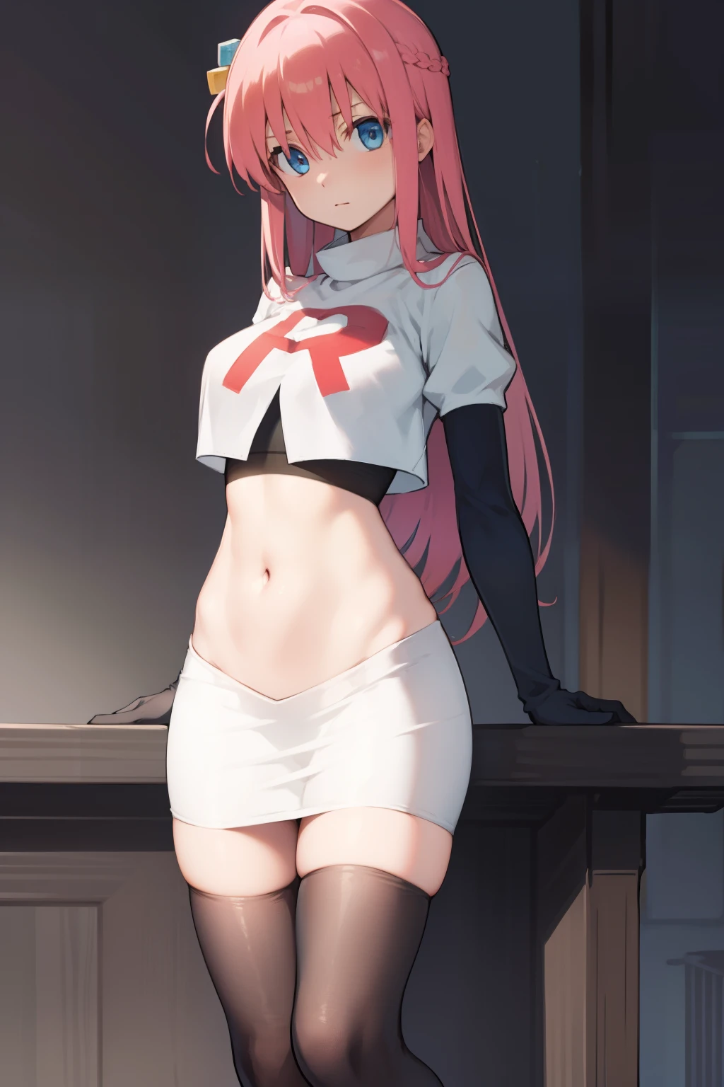 hitorigotou, hitori gotou, blue eyes, cube hair ornament, hair between eyes, hair ornament, pink hair, one side up, long hair,
BREAK team rocket,team rocket uniform,white skirt,red letter R,crop top,black thigh-highs,black elbow gloves,
BREAK looking at viewer,
BREAK (masterpiece:1.2), best quality, high resolution, unity 8k wallpaper, (illustration:0.8), (beautiful detailed eyes:1.6), extremely detailed face, perfect lighting, extremely detailed CG, (perfect hands, perfect anatomy),