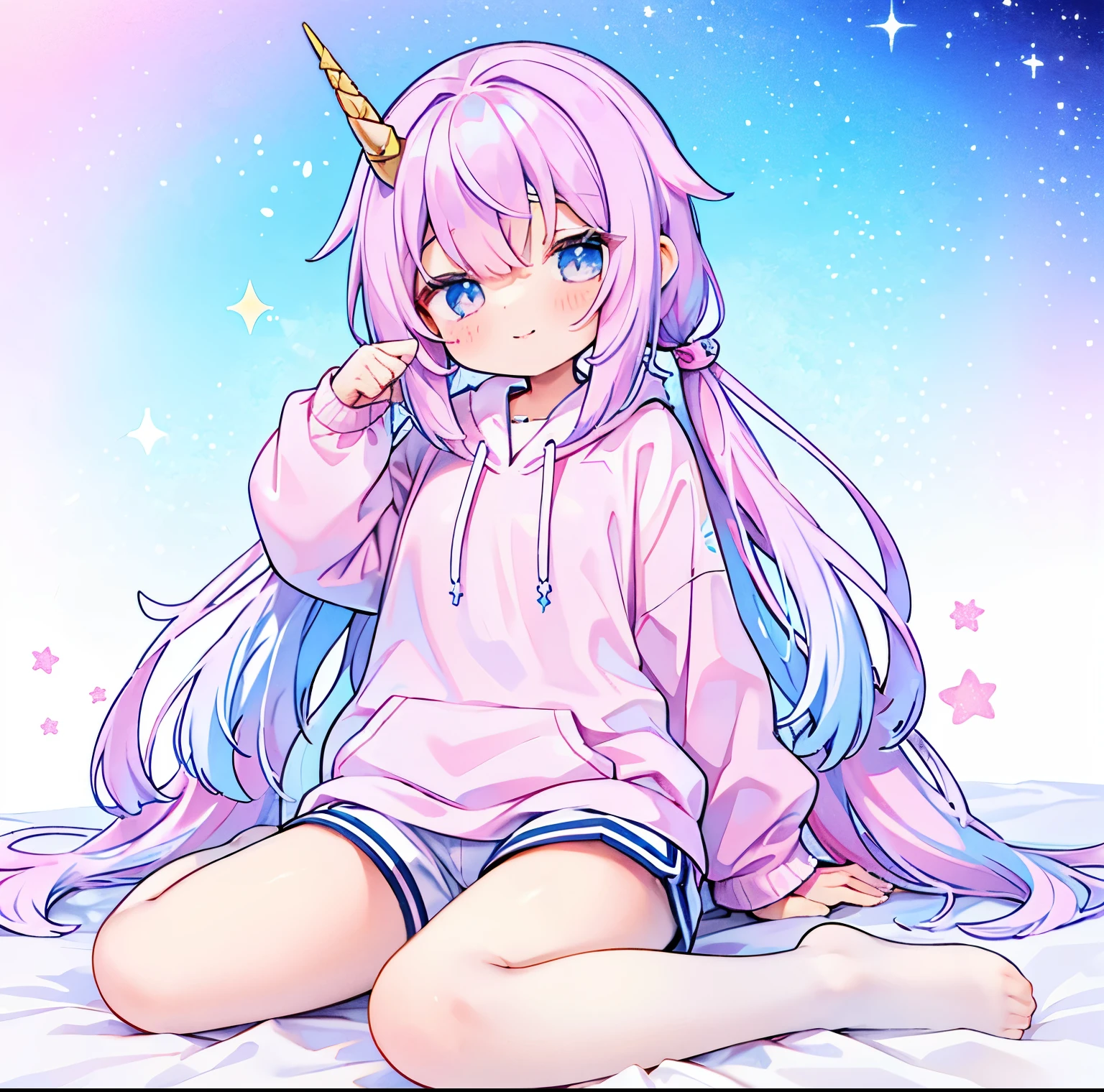 unicorn girl、white and pink and purple、pastel colour、dreamのような、Fluffy、small star、colorful hair、white and pink and purpleの髪、wavy hair、thin hair、Light blue eyes、star mark under the eye、Sparkling、Detailed decoration、oversized hoodie、dream、unicorn、pop background、gradient background、dreamかわ、piece、whole body、cute shoes、white shorts、Sit cool、cute smile、unicorn、a horn that grows on the forehead