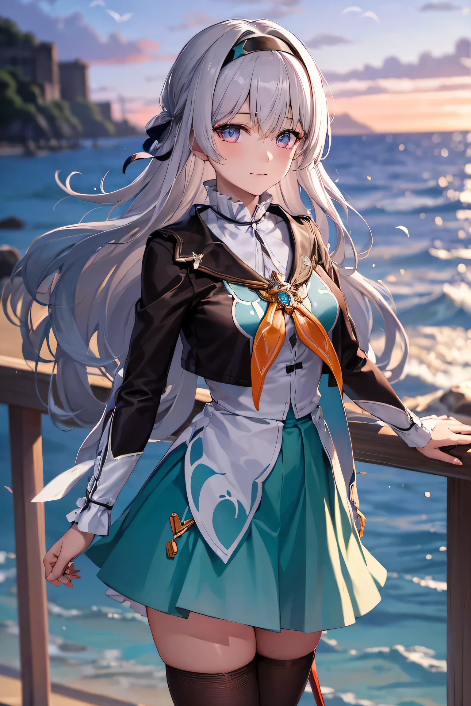 There was a girl coming out of the sea, 1 girl,Liuying,gray hair,Bangs,long sleeves,hair accessories,black jacket,black headband,high quality,green dress,Raise your legs high,skirt, half smile, A gentle expression on his face, Background seascape and sunlight, Seagulls in the sky, full length,  photorealism