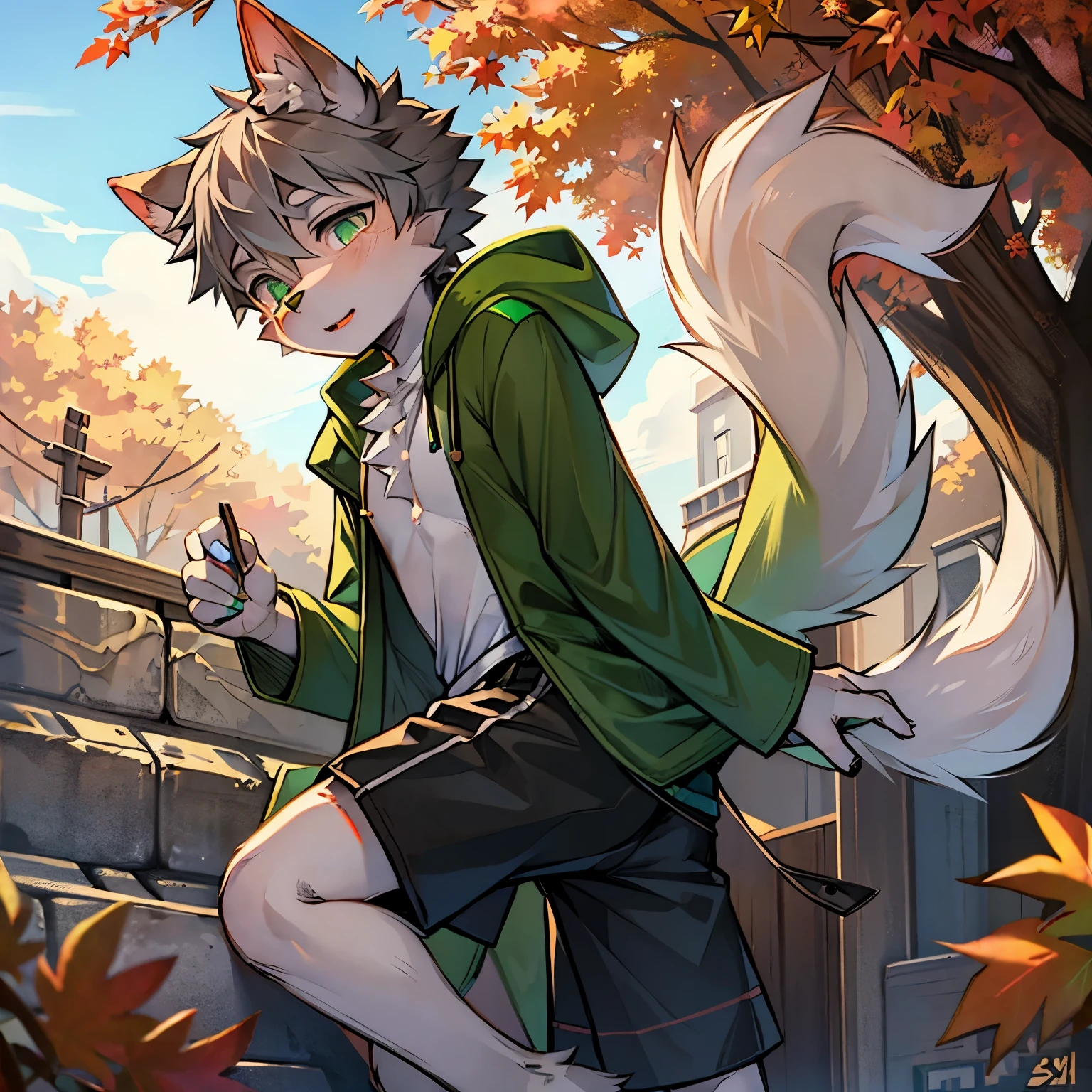 Bright outside,dog boy,dog ears,dog tail,male focus,furry men,Furry Shota,gray hair,Bright Eyes,green pupils,Autumn coat,shorts