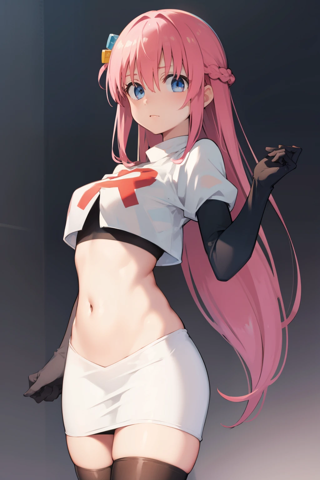 hitorigotou, hitori gotou, blue eyes, cube hair ornament, hair between eyes, hair ornament, pink hair, one side up, long hair,
BREAK team rocket,team rocket uniform,white skirt,red letter R,crop top,black thigh-highs,black elbow gloves,
BREAK looking at viewer,
BREAK (masterpiece:1.2), best quality, high resolution, unity 8k wallpaper, (illustration:0.8), (beautiful detailed eyes:1.6), extremely detailed face, perfect lighting, extremely detailed CG, (perfect hands, perfect anatomy),