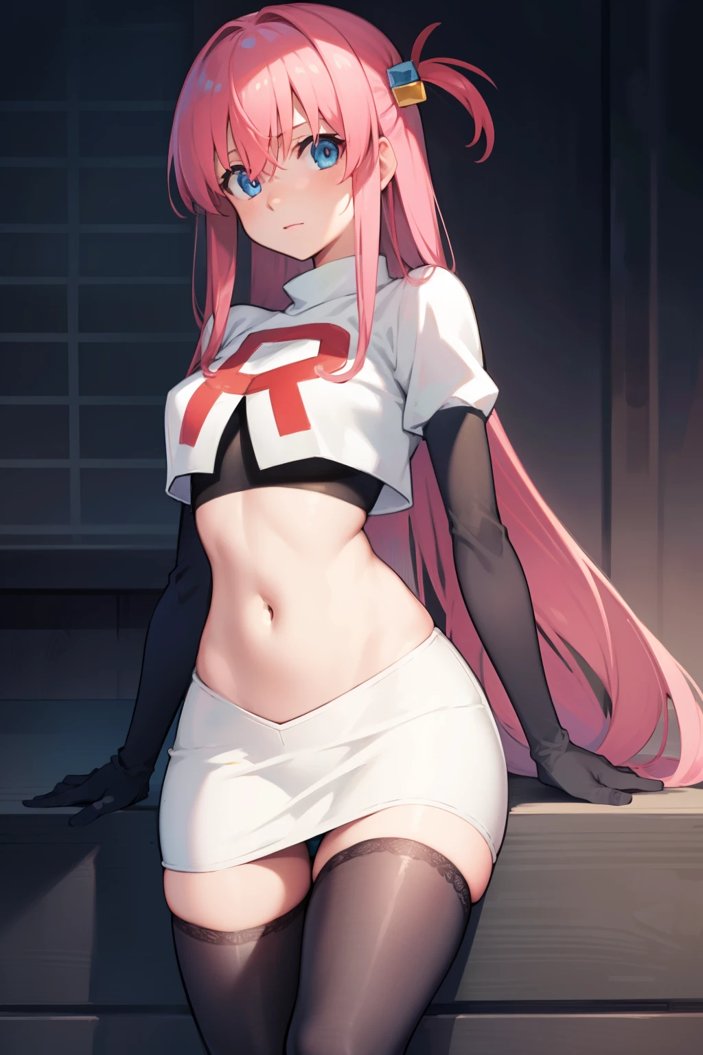 hitorigotou, hitori gotou, blue eyes, cube hair ornament, hair between eyes, hair ornament, pink hair, one side up, long hair,
BREAK team rocket,team rocket uniform,white skirt,red letter R,crop top,black thigh-highs,black elbow gloves,
BREAK looking at viewer,
BREAK (masterpiece:1.2), best quality, high resolution, unity 8k wallpaper, (illustration:0.8), (beautiful detailed eyes:1.6), extremely detailed face, perfect lighting, extremely detailed CG, (perfect hands, perfect anatomy),