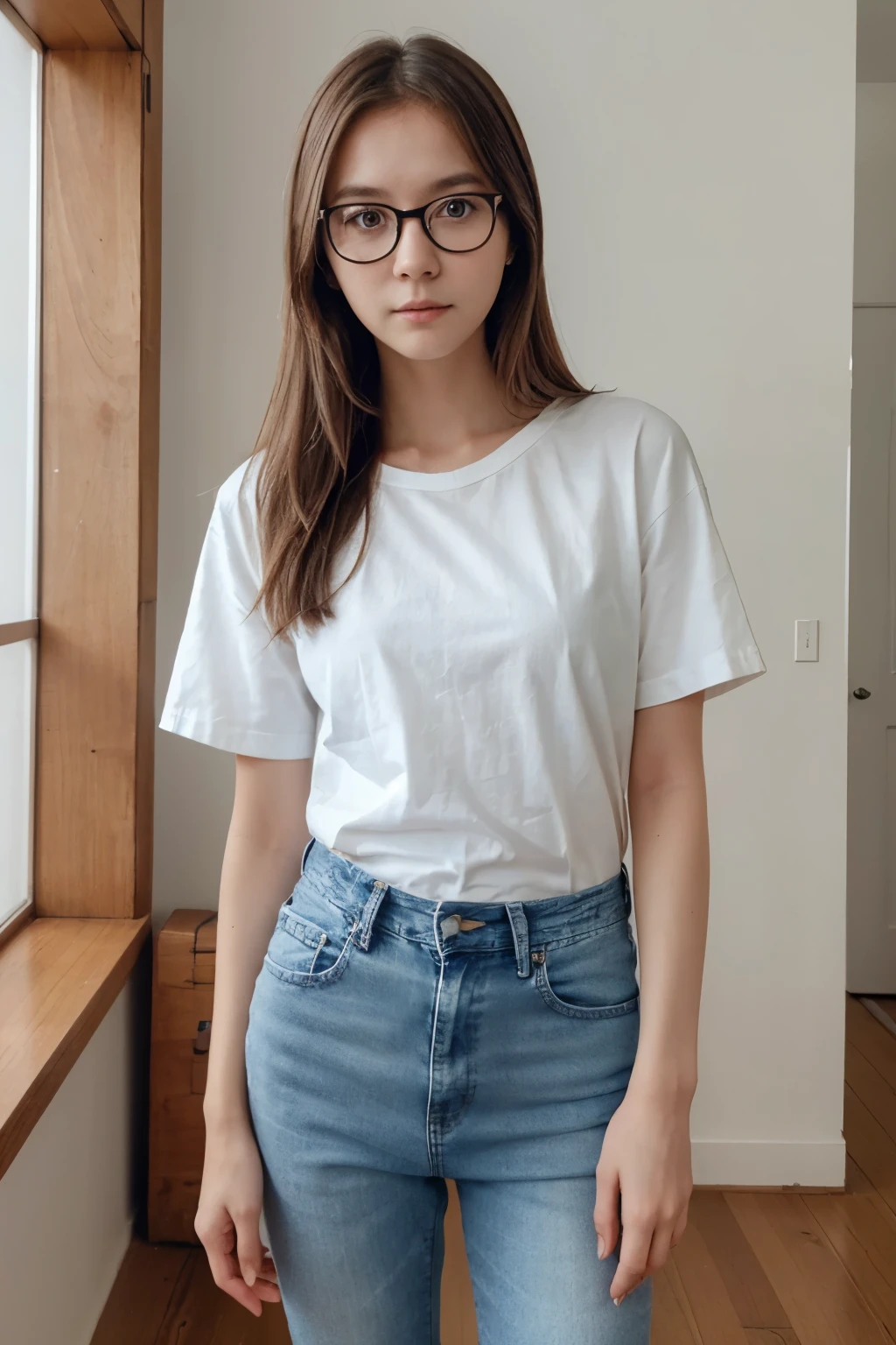 I am a young Swedish girl, I stand in front of the camera with a blank and pitiful gaze, I have a very beautiful and charming face like a Korean person, my position is upright with a half body shot, I wore a casual short-sleeved shirt combined with long jeans, I wear stylish glasses