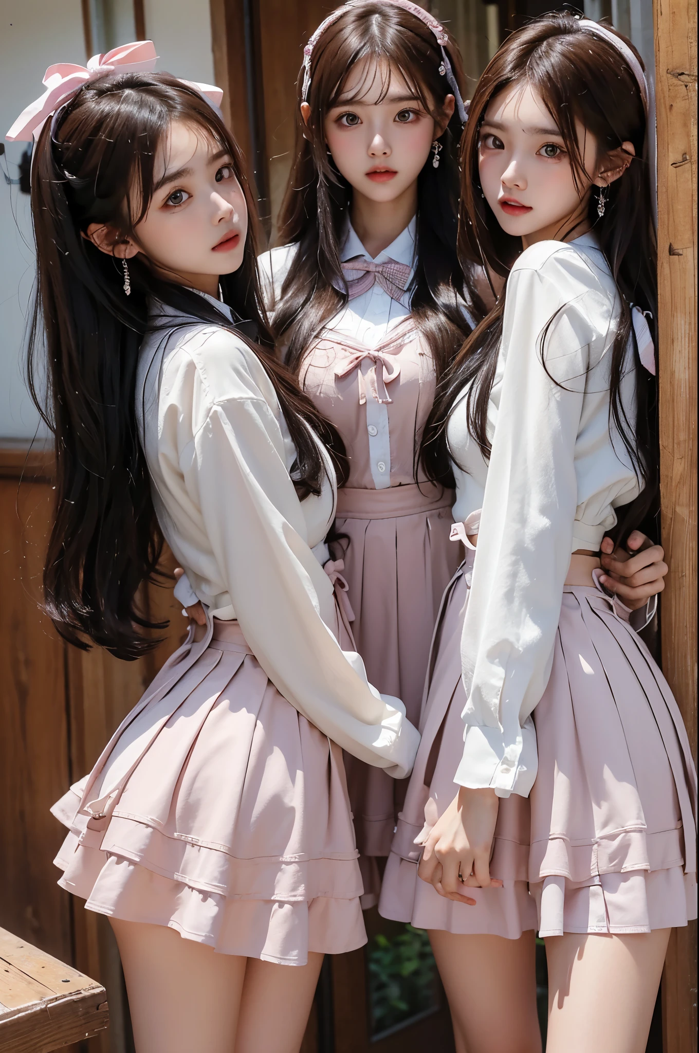 Masterpiece, Best quality, Realistic, Real, incredibly_absurderes, the wallpaper, 3girl, cheer leader, Long hair, Brown hair, Pink hair, Wavy hair, Small breasts, seifuku, school uniform, Shorts under the skirt, white thighhighs, Earrings, pendant, half gloves ,