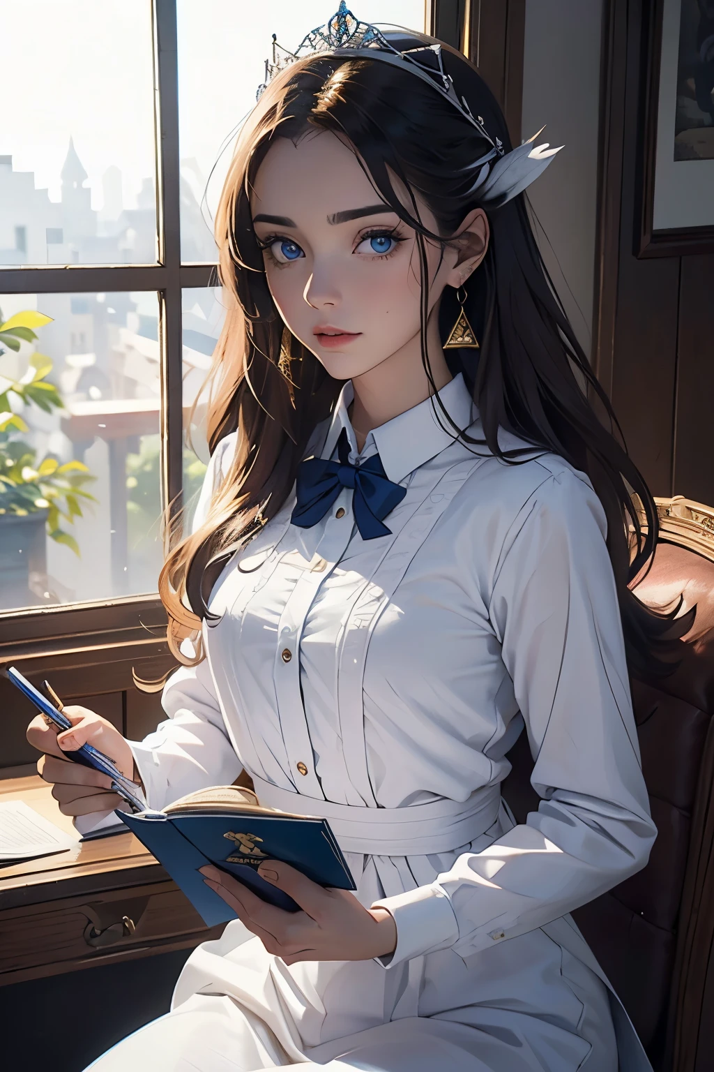 (Obra maestra: 1.2, Mejor calidad), Realista, (Realista picture, detalles complejos, Profundidad de campo), Mejor calidad, Obra maestra, muy detallado, Medio realista, 1 chica, mujer madura, 21 years, con el pelo corto y dorado, The left eye is covered with hair., Blue eyes, la ropa del rey, capa roja, figura delgada, Una corona hecha de oro precioso., Leer y marcar documentos., quill, escritorio de oficina, Banco blando,04