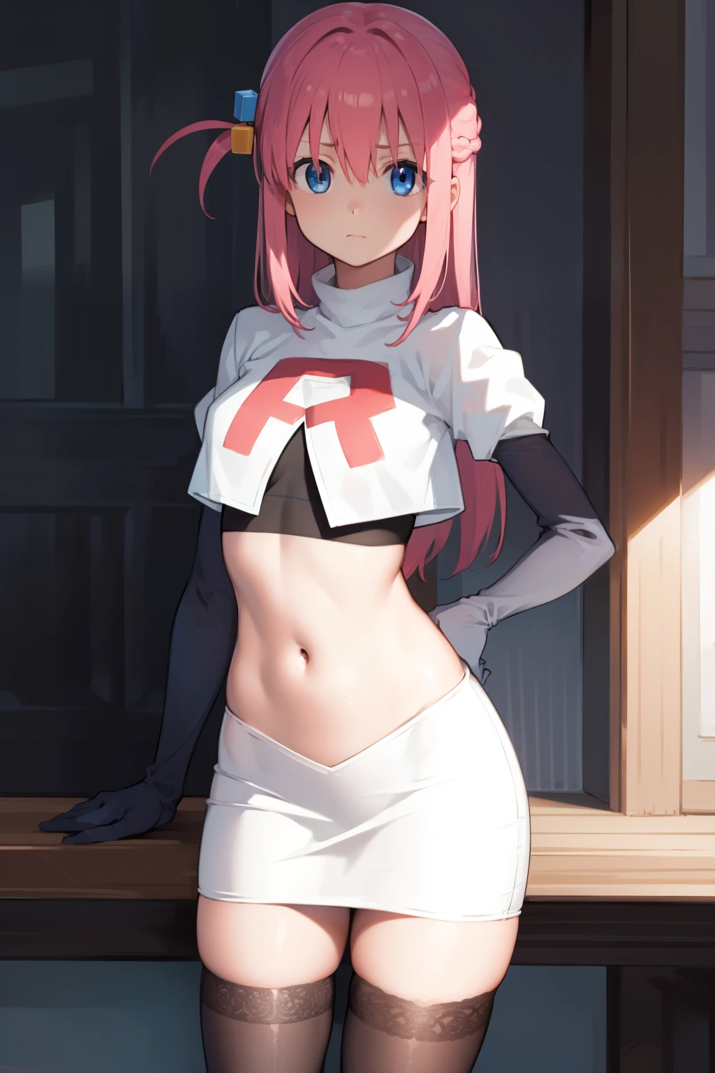 hitorigotou, hitori gotou, blue eyes, cube hair ornament, hair between eyes, hair ornament, pink hair, one side up, long hair,
BREAK team rocket,team rocket uniform,white skirt,red letter R,crop top,black thigh-highs,black elbow gloves,
BREAK looking at viewer,
BREAK (masterpiece:1.2), best quality, high resolution, unity 8k wallpaper, (illustration:0.8), (beautiful detailed eyes:1.6), extremely detailed face, perfect lighting, extremely detailed CG, (perfect hands, perfect anatomy),