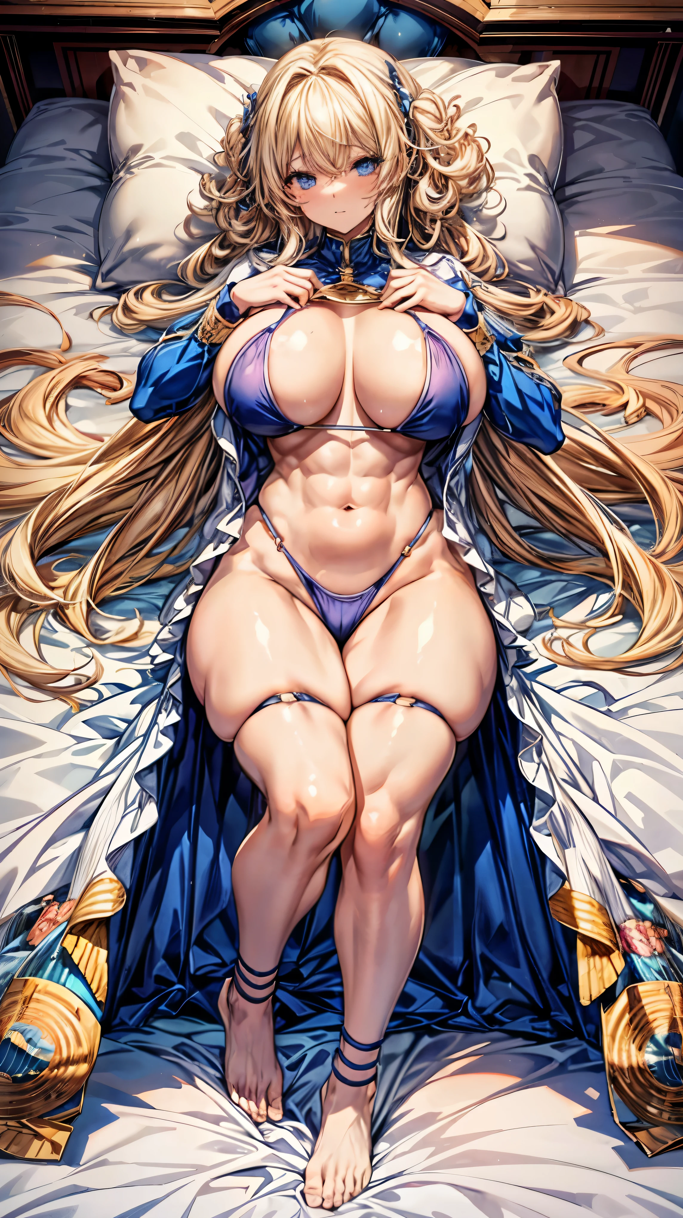 8K high quality、highest quality、anime face、anime eyes、Beautiful glowing blue eyes、big breasts、A chest that is about to burst、He looks comfortable lying on the bed、muscular body、muscular and muscular legs、blonde curly hair、full body bondage style、plump body