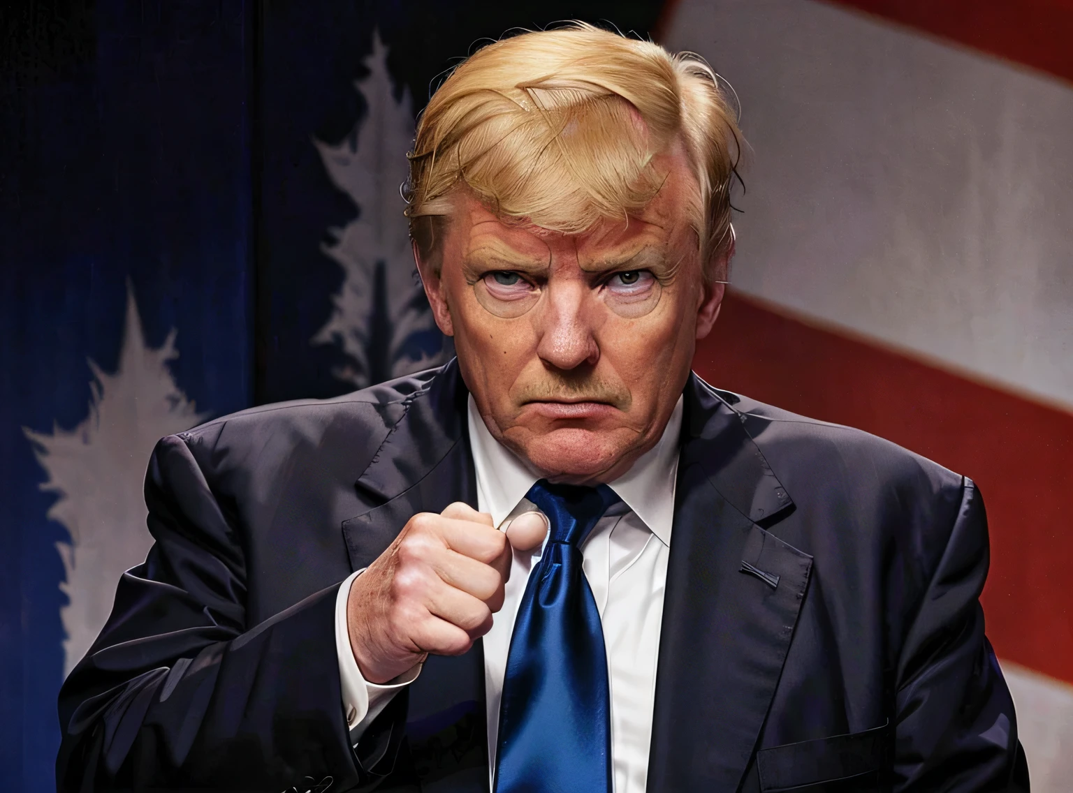 Arafard's image:A man in a suit points at something, photo of donald trump card, handsome donald trump card, donald trump cards sexy face, with fingers, donald trump card, trump card with a gun, president donald trump card, with donald trump card hair, trump card, donald trump card as baron harkonnen, donald trump card's face, donald trump card as gollum, donald trump card face