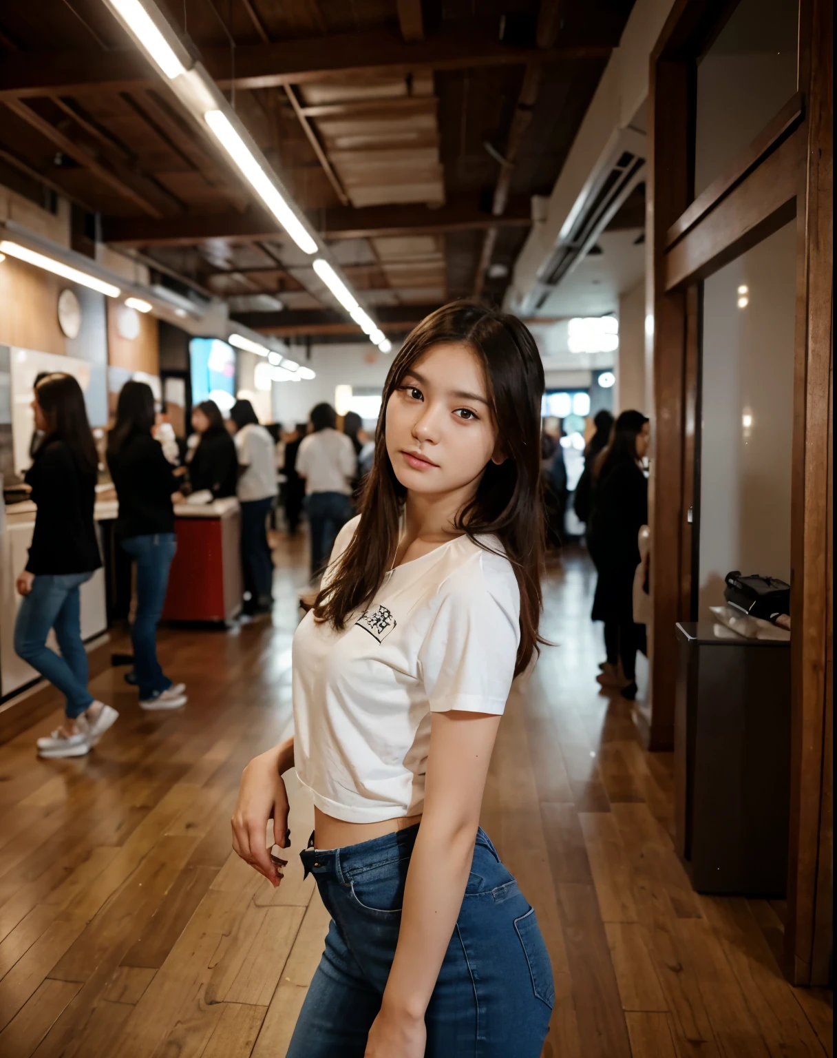 I am a young Swedish girl, I stand in front of the camera with a blank and pitiful gaze, I have a very beautiful and charming face like a Korean person, my position is upright with a half body shot, I wore a casual short-sleeved shirt combined with long jeans