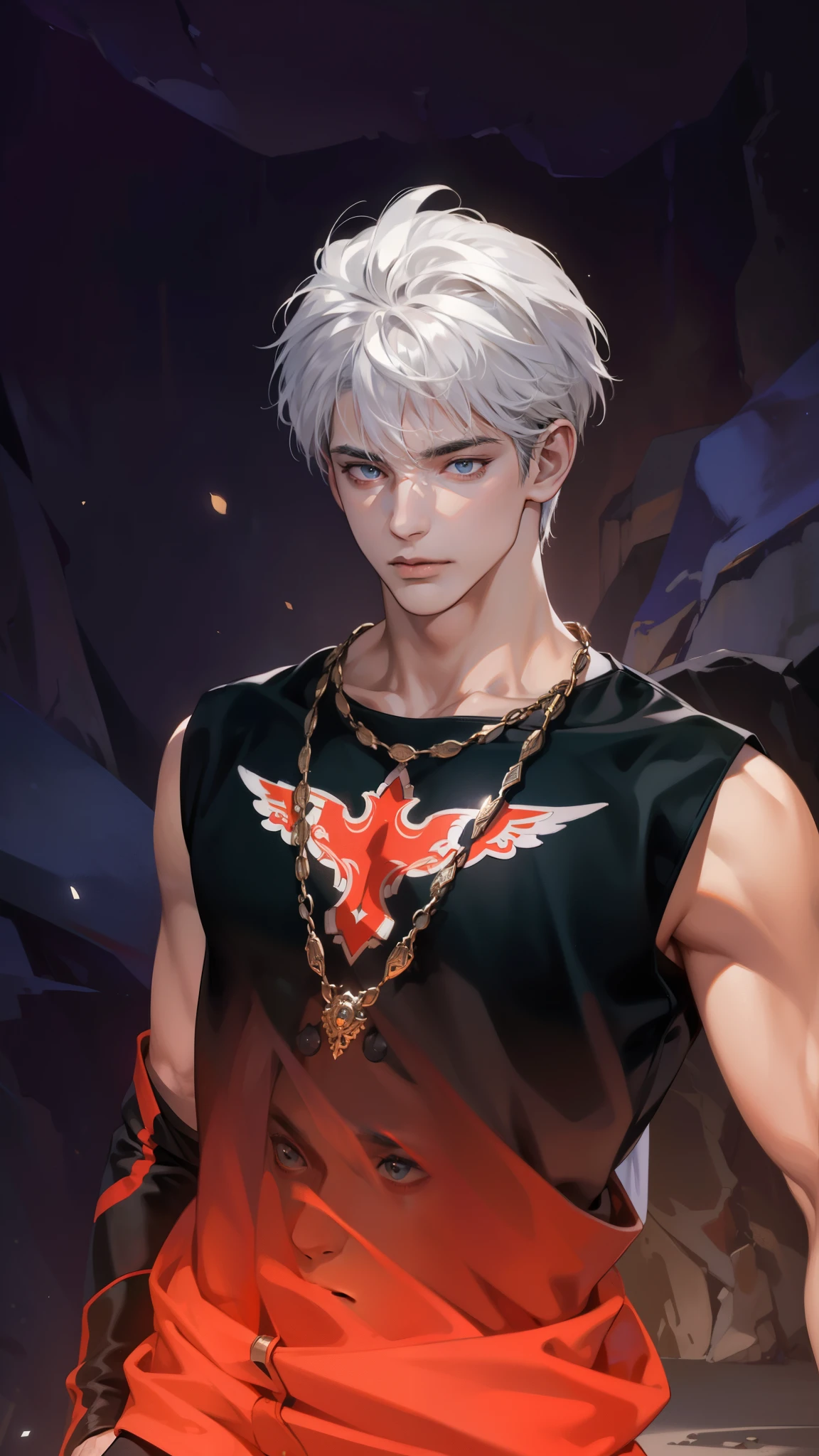 Masterpiece, high quality, best quality, HD, realistic, perfect lighting, detailed body, 1 man, dark white hair, face expression, black military suit, in the cave