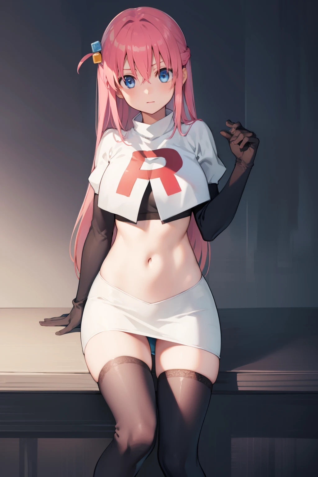 hitorigotou, hitori gotou, blue eyes, cube hair ornament, hair between eyes, hair ornament, pink hair, one side up, long hair,
BREAK team rocket,team rocket uniform,white skirt,red letter R,crop top,black thigh-highs,black elbow gloves,
BREAK looking at viewer,
BREAK (masterpiece:1.2), best quality, high resolution, unity 8k wallpaper, (illustration:0.8), (beautiful detailed eyes:1.6), extremely detailed face, perfect lighting, extremely detailed CG, (perfect hands, perfect anatomy),