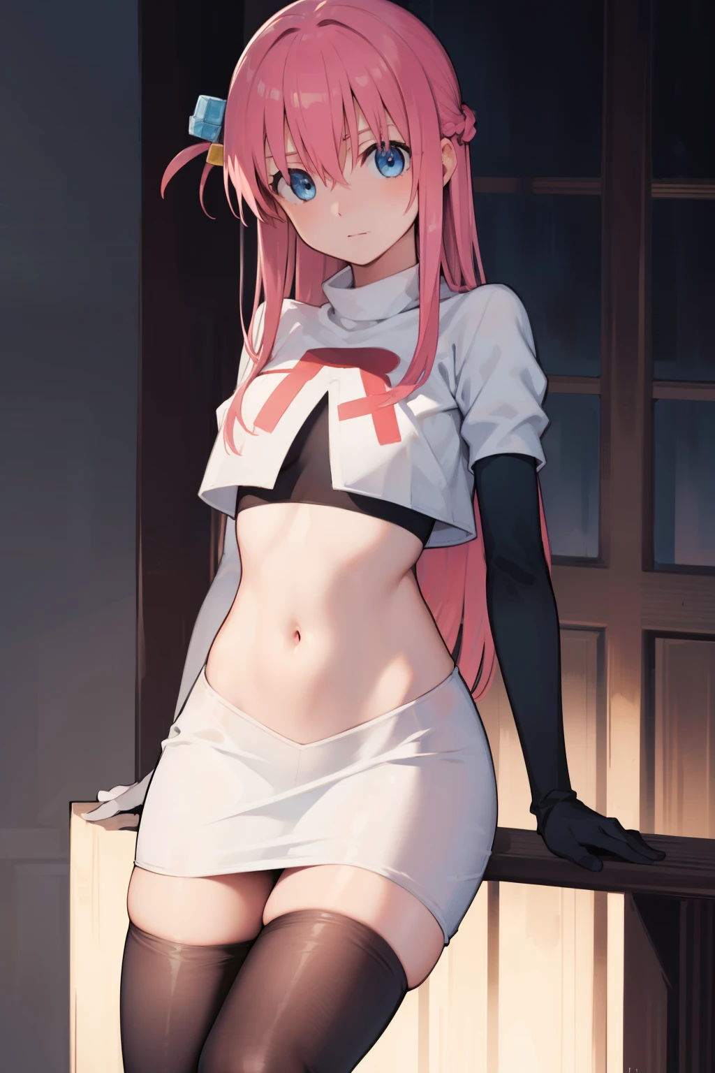 hitorigotou, hitori gotou, blue eyes, cube hair ornament, hair between eyes, hair ornament, pink hair, one side up, long hair,
BREAK team rocket,team rocket uniform,white skirt,red letter R,crop top,black thigh-highs,black elbow gloves,
BREAK looking at viewer,
BREAK (masterpiece:1.2), best quality, high resolution, unity 8k wallpaper, (illustration:0.8), (beautiful detailed eyes:1.6), extremely detailed face, perfect lighting, extremely detailed CG, (perfect hands, perfect anatomy),